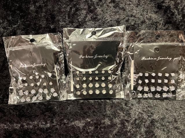 Lot #8: 36 Pairs of Faux Stone Sparkly Earrings: Heart, Round, Square Shaped