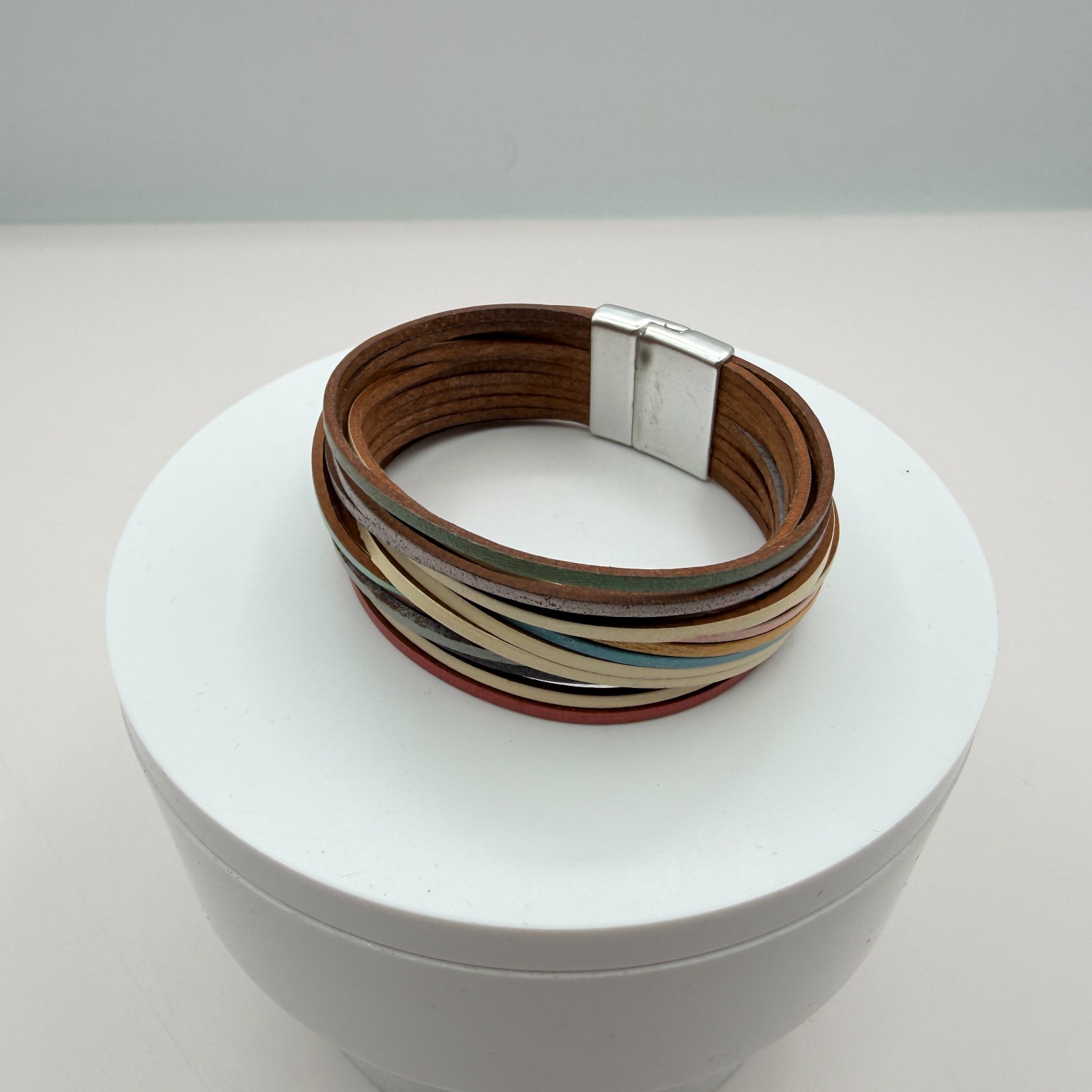 Vintage Multi Strand Leather Wrap Cuff Bracelet Magnetic Clasp Boho Multicolor