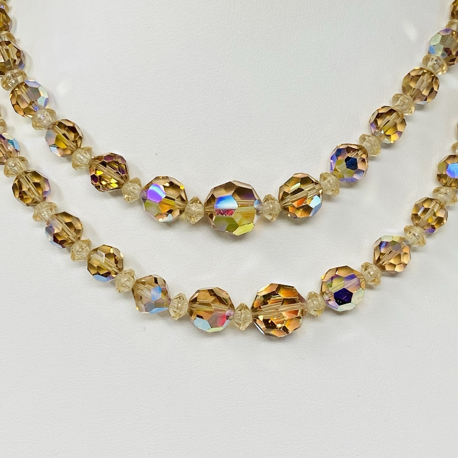 VTG Crystal Beaded Necklace Champagne Aurora Borealis Faceted Double Strand 15″