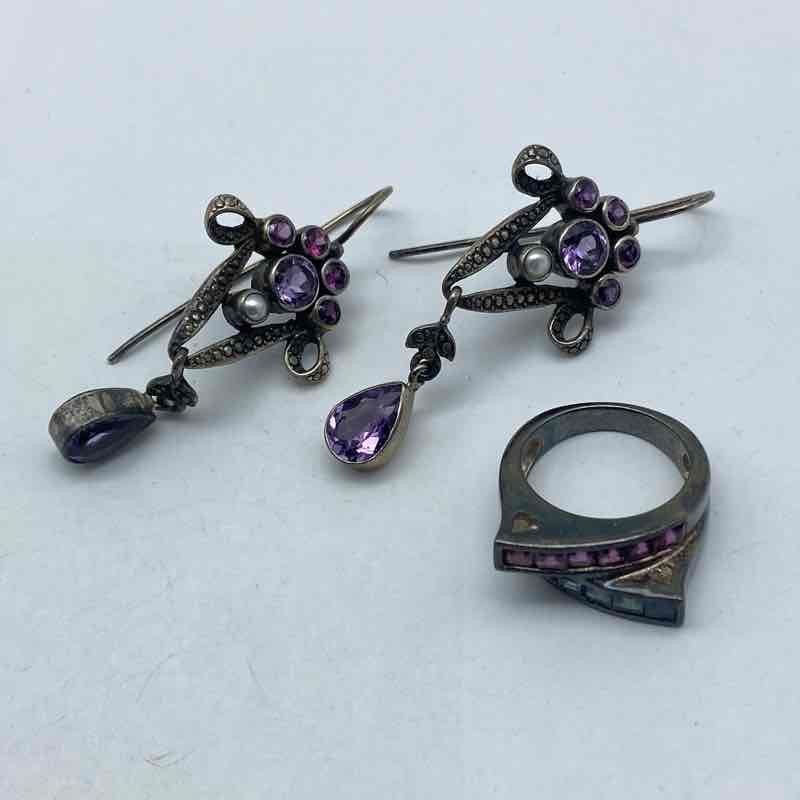 Sterling Silver 925 Amethyst Drop Earrings and Multicolor Bypass Ring Set 18.3g