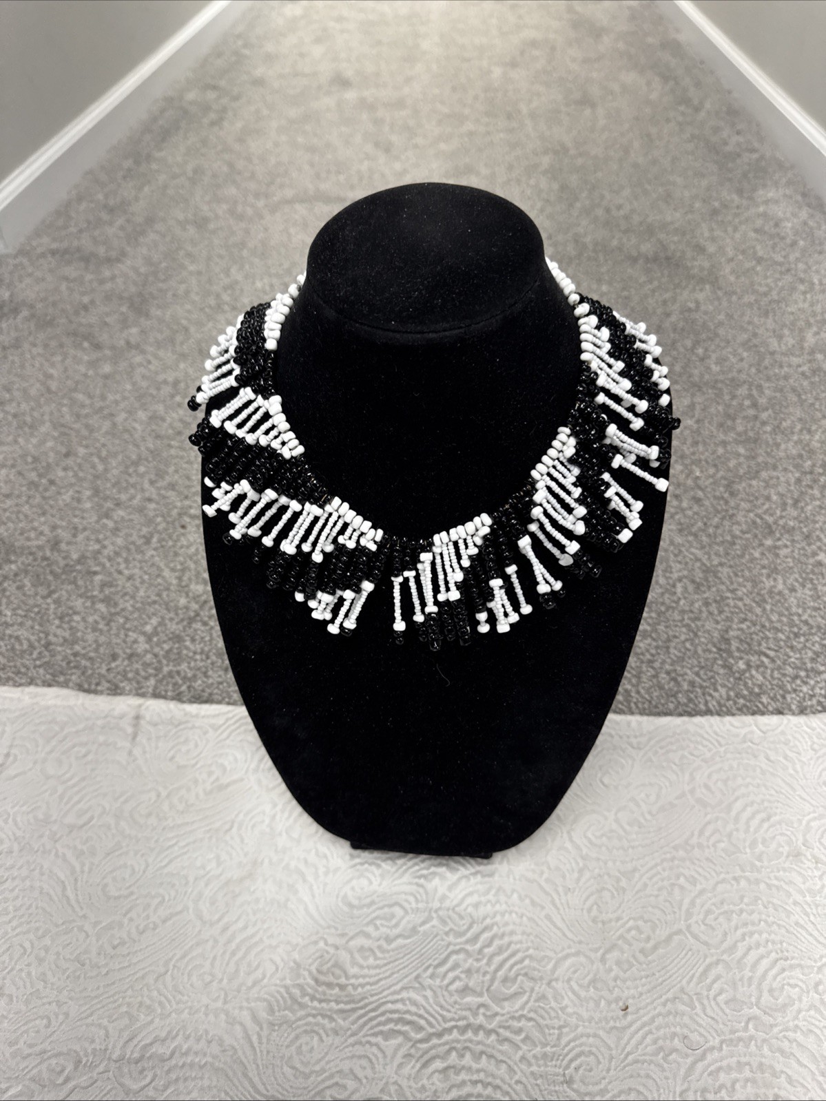 Vintage Monochrome Black & White Beaded Collar Necklace Bib Fringe Statement 16”