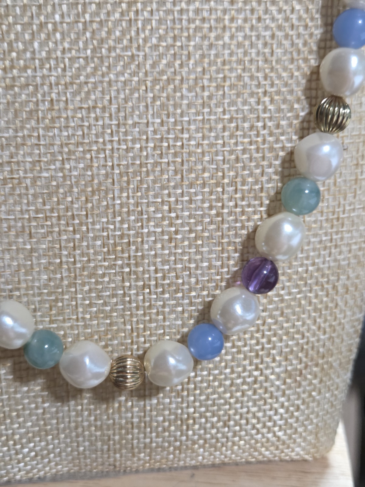 34″ Opera Faux Pearl Blue Green Purple Bead Gold Tone Necklace Barrel Clasp