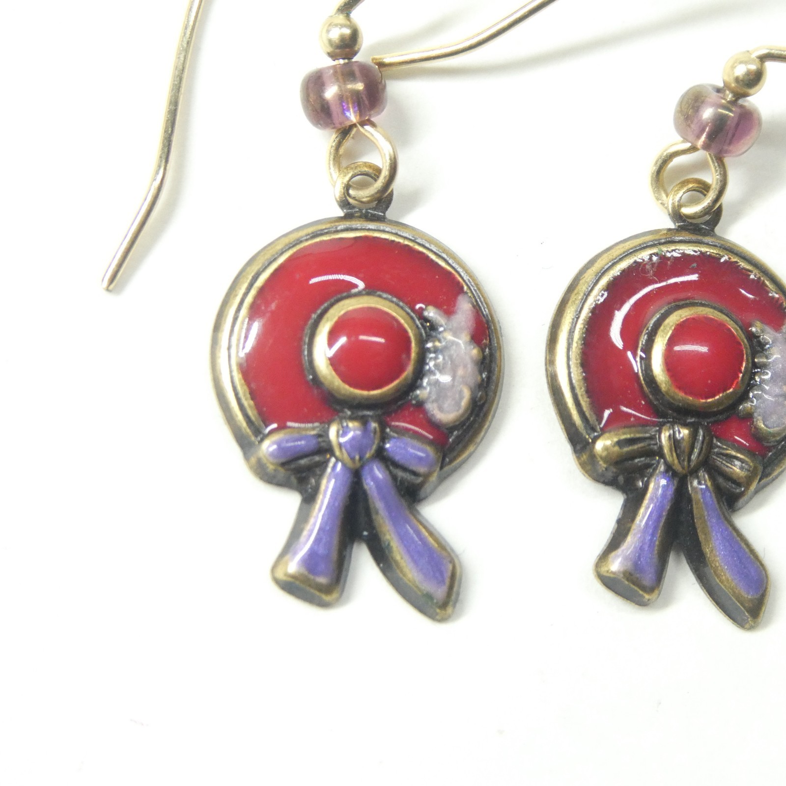 Red Hat Society Enamel Dangle Earrings w/Purple Ribbon
