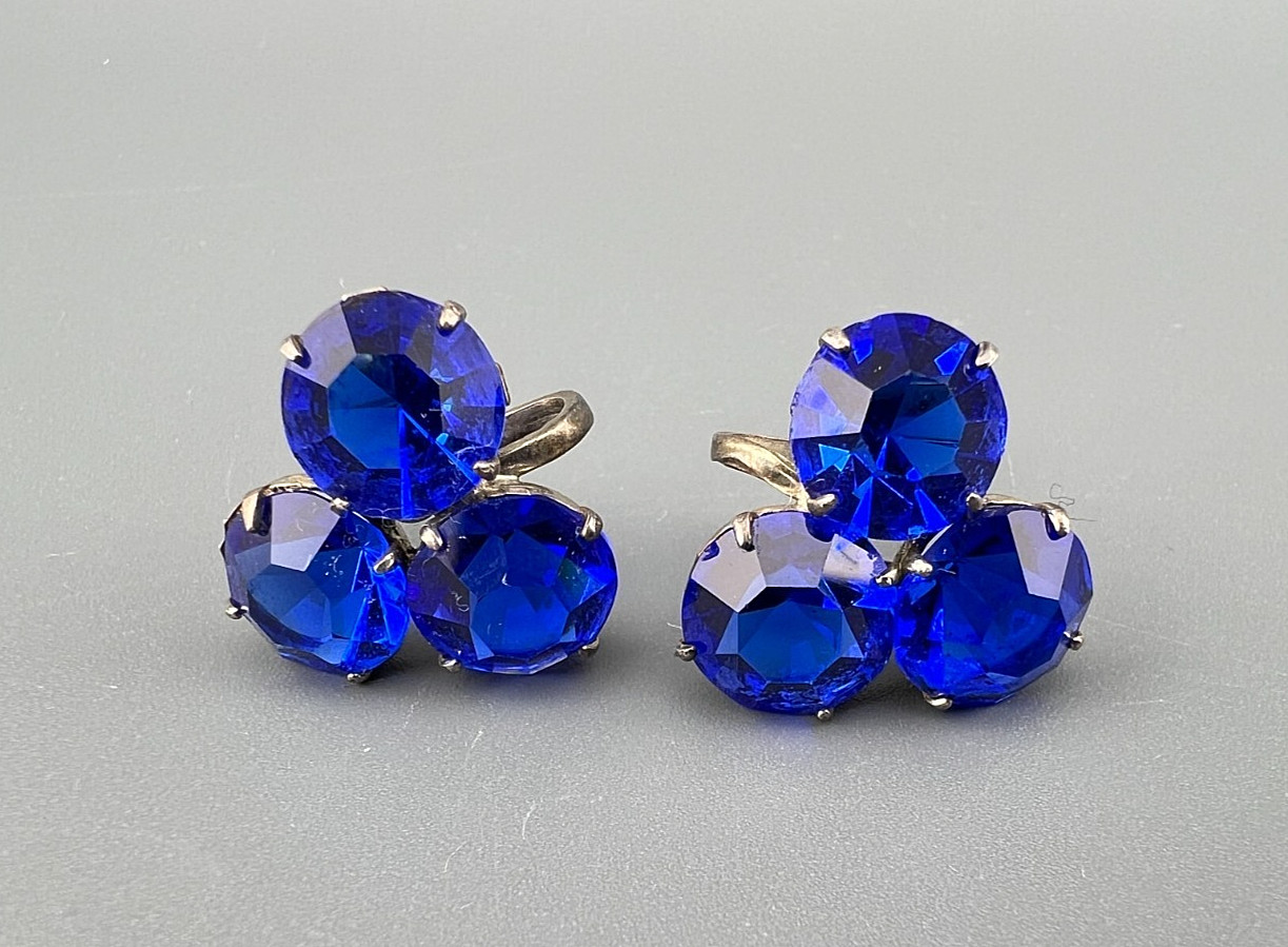 Vintage Sterling Silver Blue Crystal Earrings Cobalt Screw Back Pronged Stunning