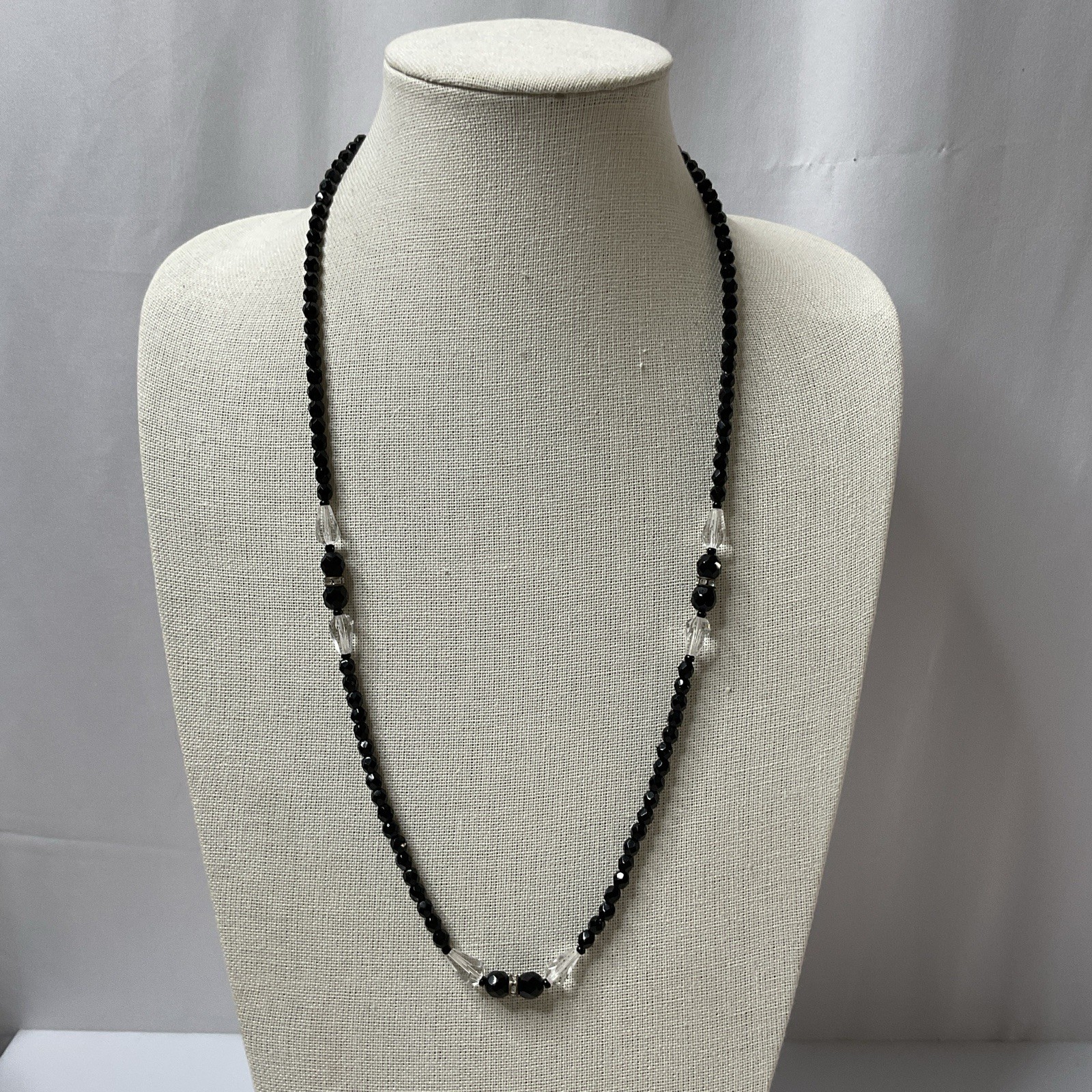 Vintage Art Deco Black Clear Glass Necklace Faceted Bead 26” Crystal Accent