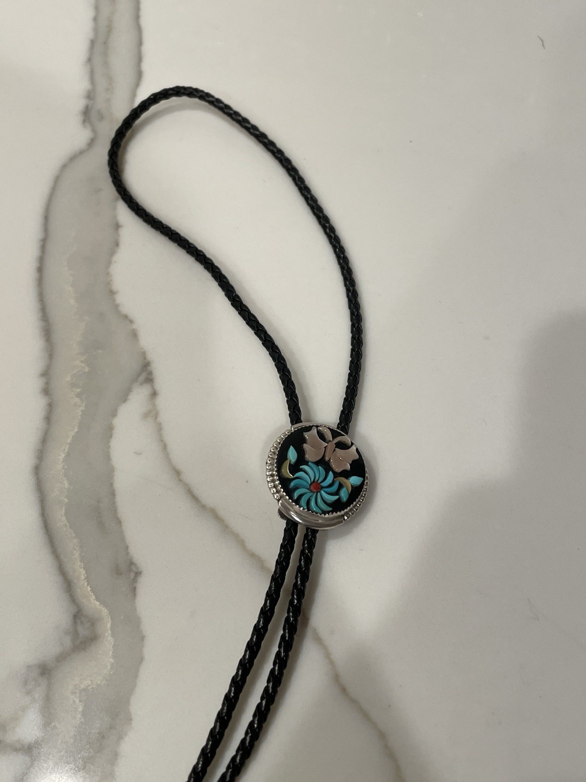 Vintage Zuni Sterling Silver Natural Multi-Stone Floral Inlay Bolo Tie 18”