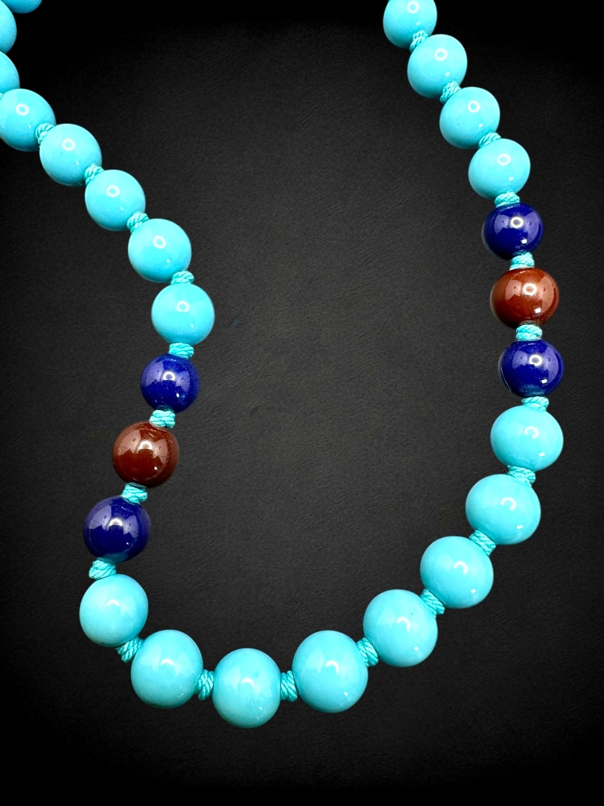 Vintage Turquoise Blue & Porcelainized Glass Bead Necklace w/ Cloisonné Clasp