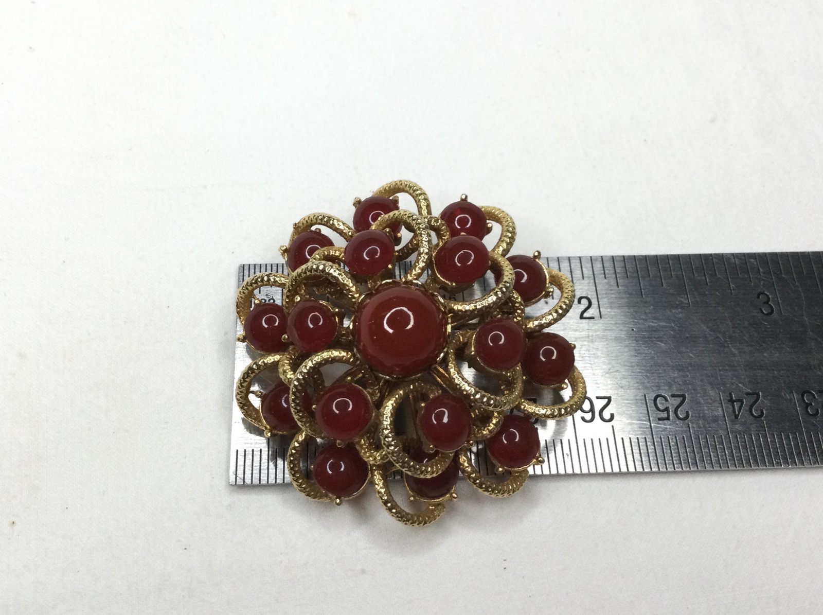 Vintage Sunburst Flower Swirl Brooch Pin Carnelian Goldtone 2” Multi Stone Retro