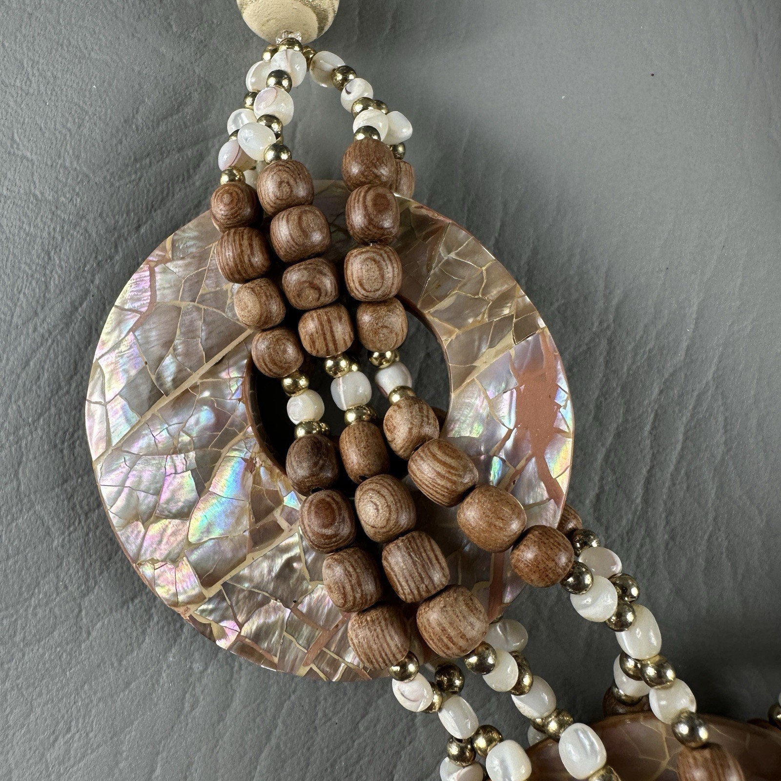 Vintage Mother of Pearl Necklace Bead Statement Multi Strand Disc 23″