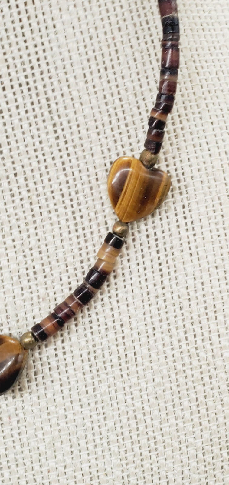 5 Tigers Eye Heart Shaped Beads Brown bead with Gold tone Necklace te02