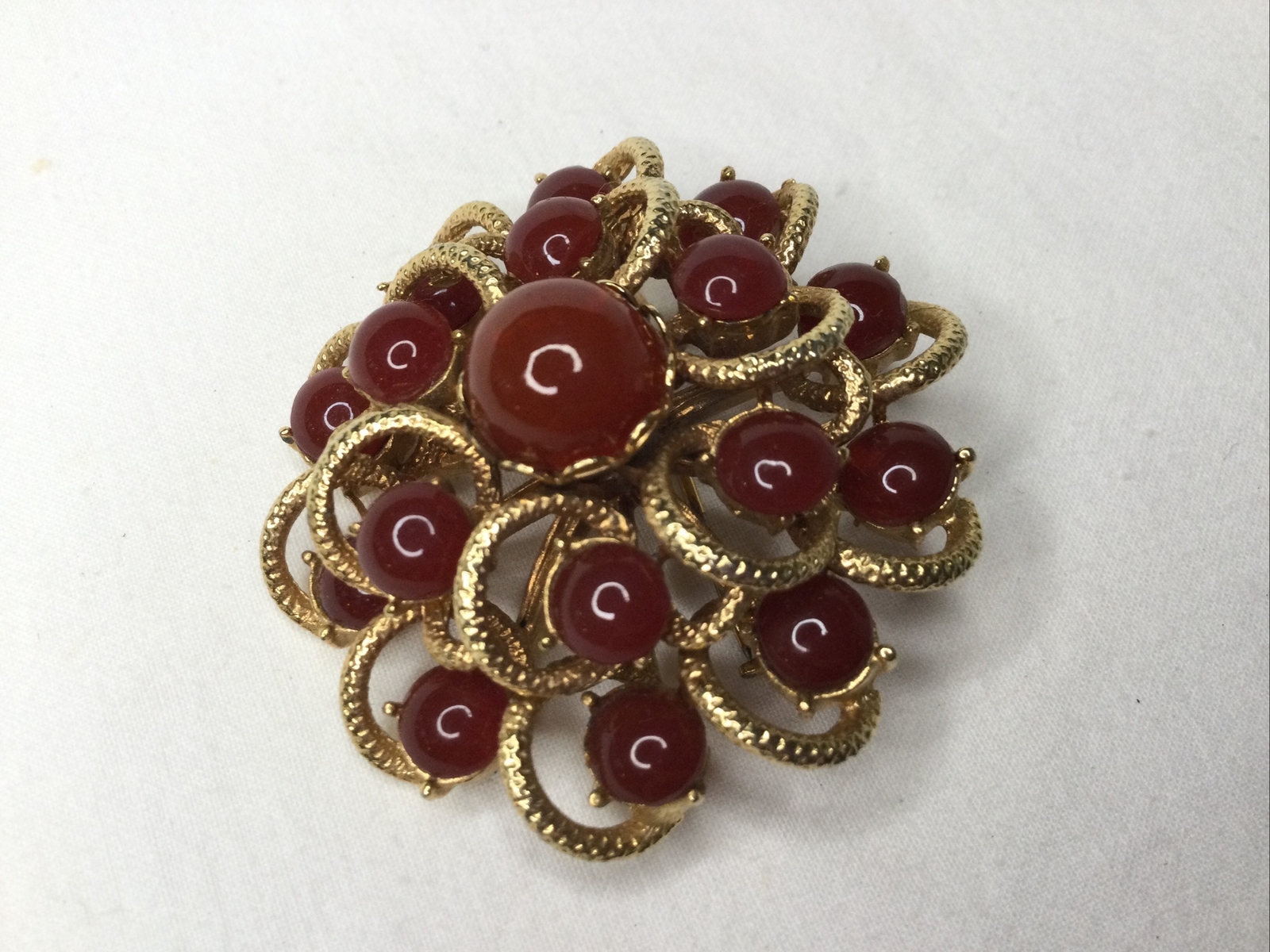 Vintage Sunburst Flower Swirl Brooch Pin Carnelian Goldtone 2” Multi Stone Retro