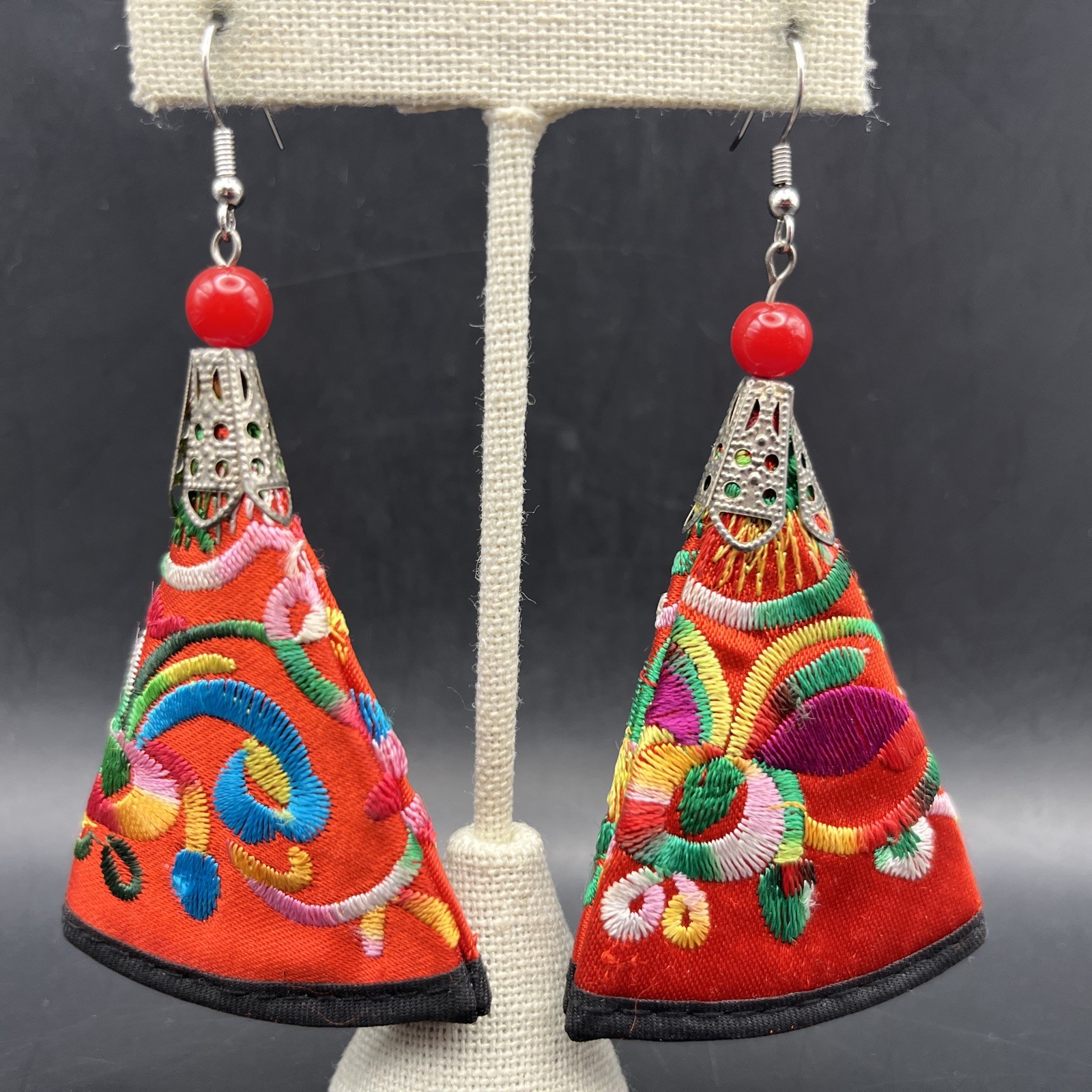 Colorful Embroidered Earrings Drop Dangle Hook Red Vibrant Bright Bold Boho