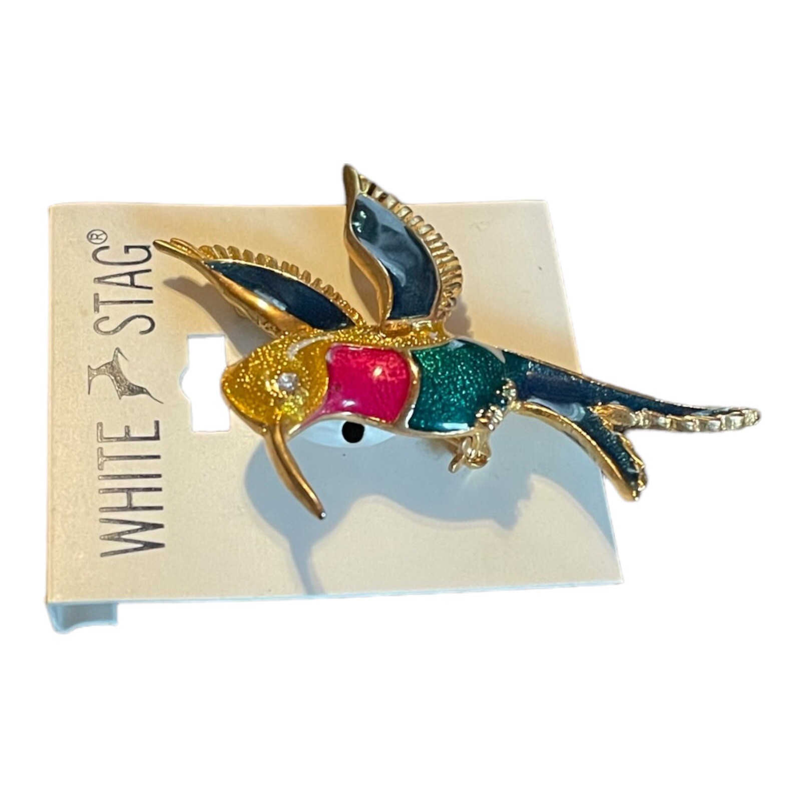 VTG Women’s White Stag Multi Color Enamel Hummingbird Broach Pin Fashion Jewelry