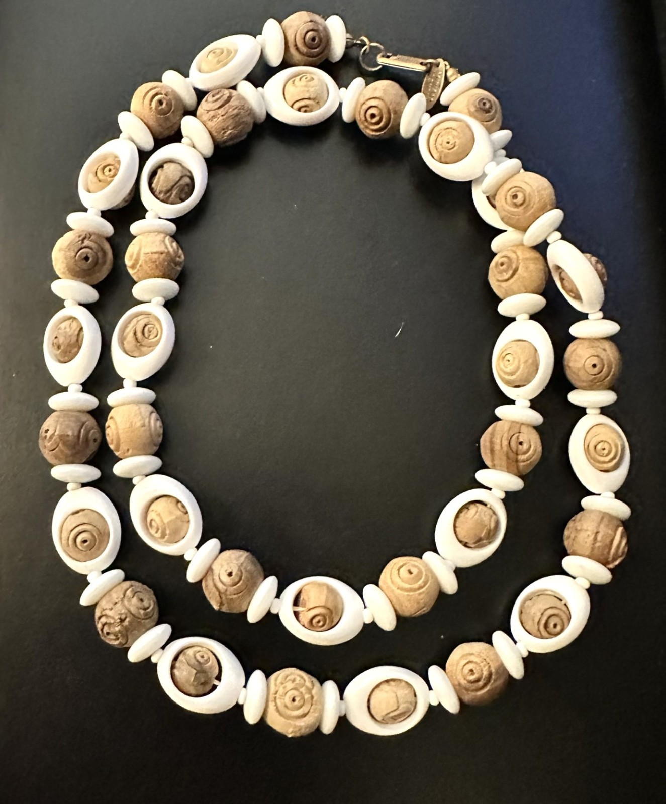 Vintage Miriam Haskell White Lucite and Carved Wood Beaded Necklace