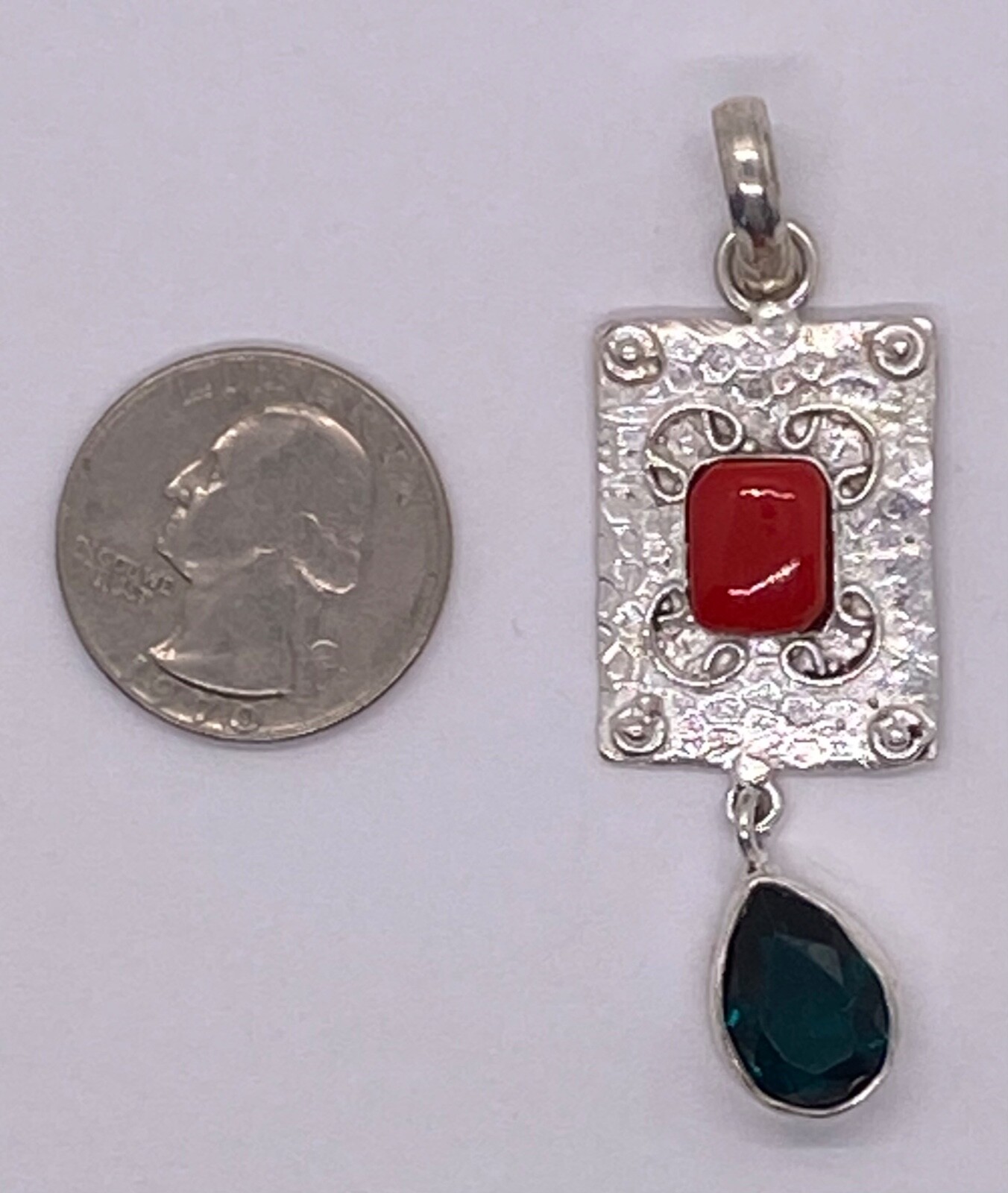 Red Coral Colored Stone Silver Pendant with Deep Green Blue Pear Shaped Stone