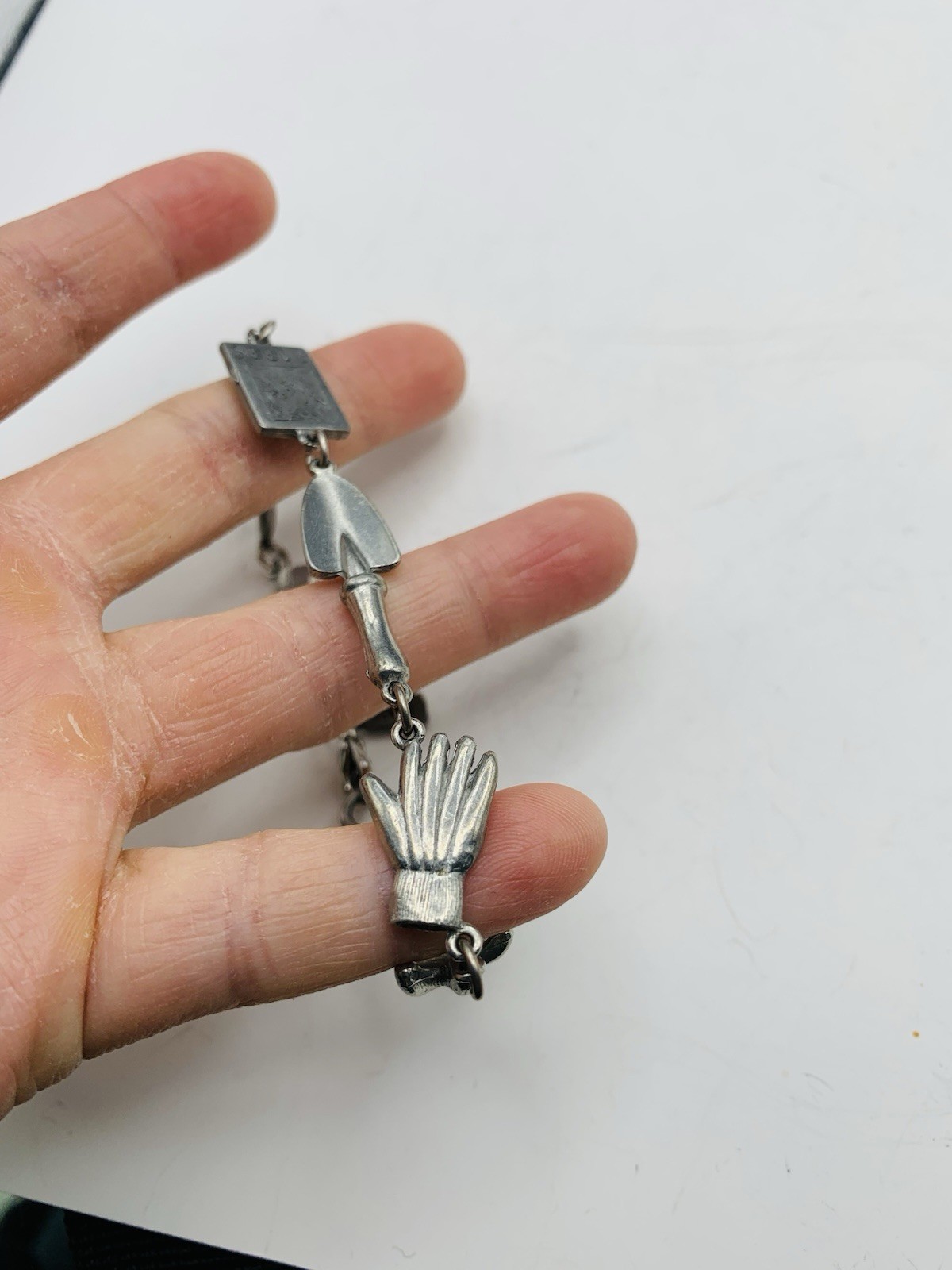 Vintage 7″ Signed Jim Clift Pewter USA Silver Tone Gardening Charm Bracelet