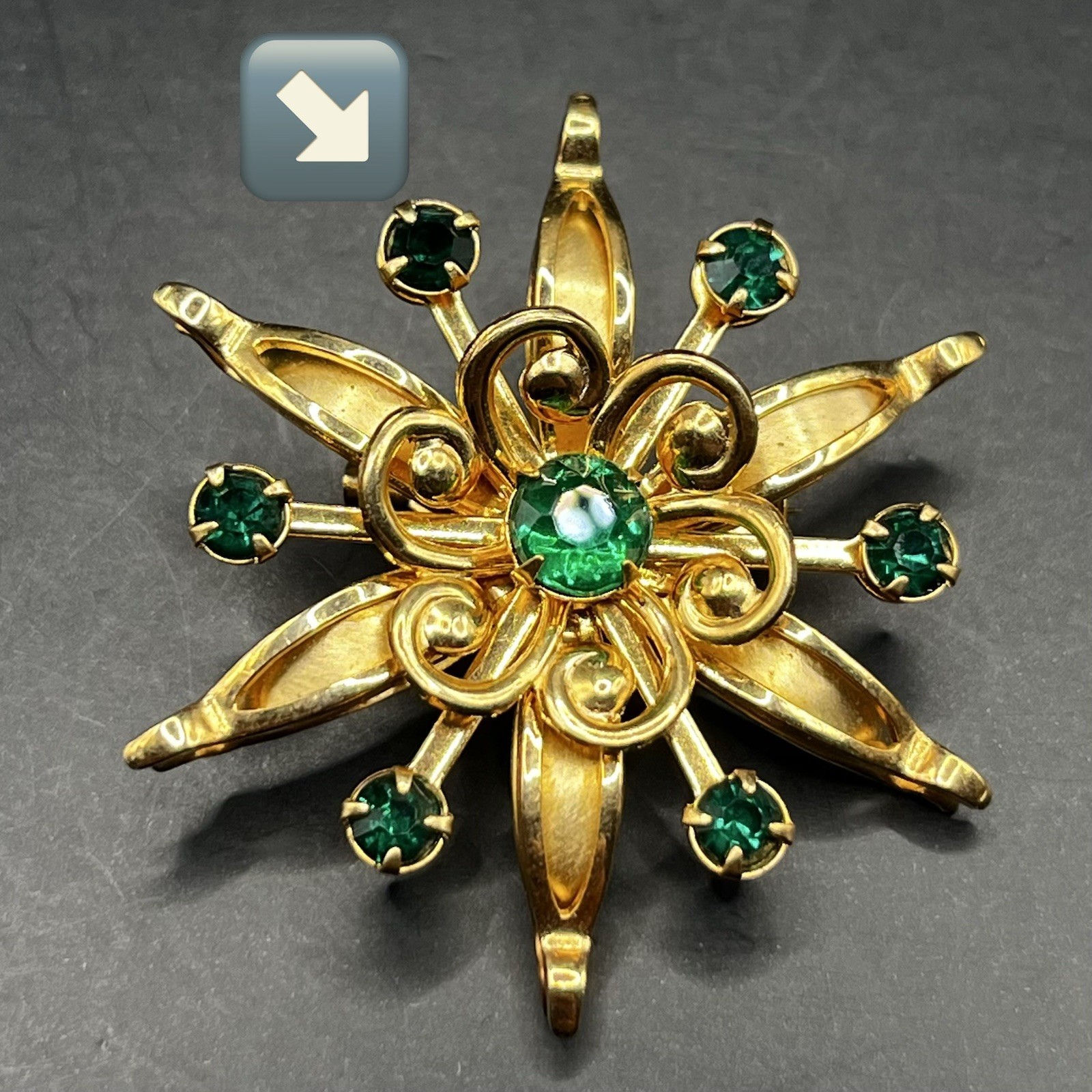 Vtg Rhinestone Brooch 2 pc Lot Green Starburst Red Snowflake Flower *See Notes