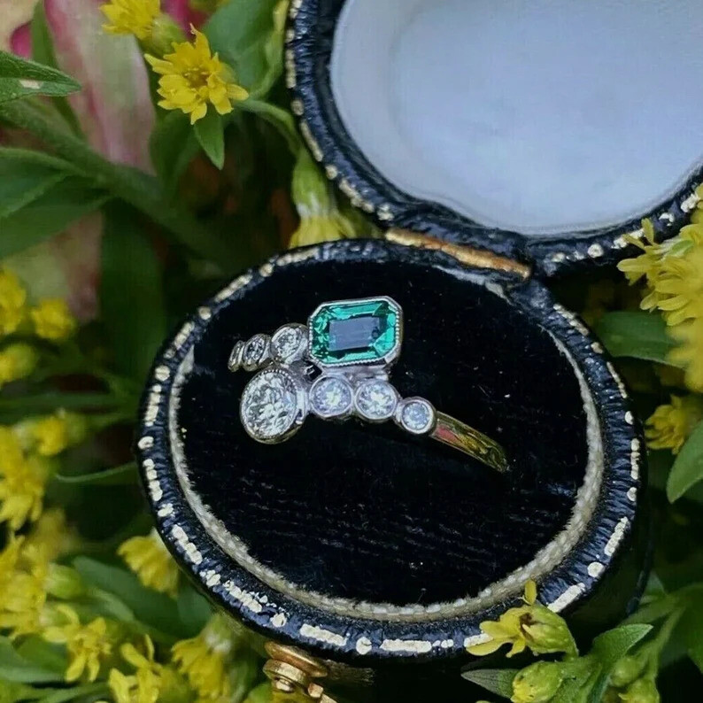 1 CTW Green Emerald & White Round CZ Two Stone Art Deco Antique Ring 925 Silver