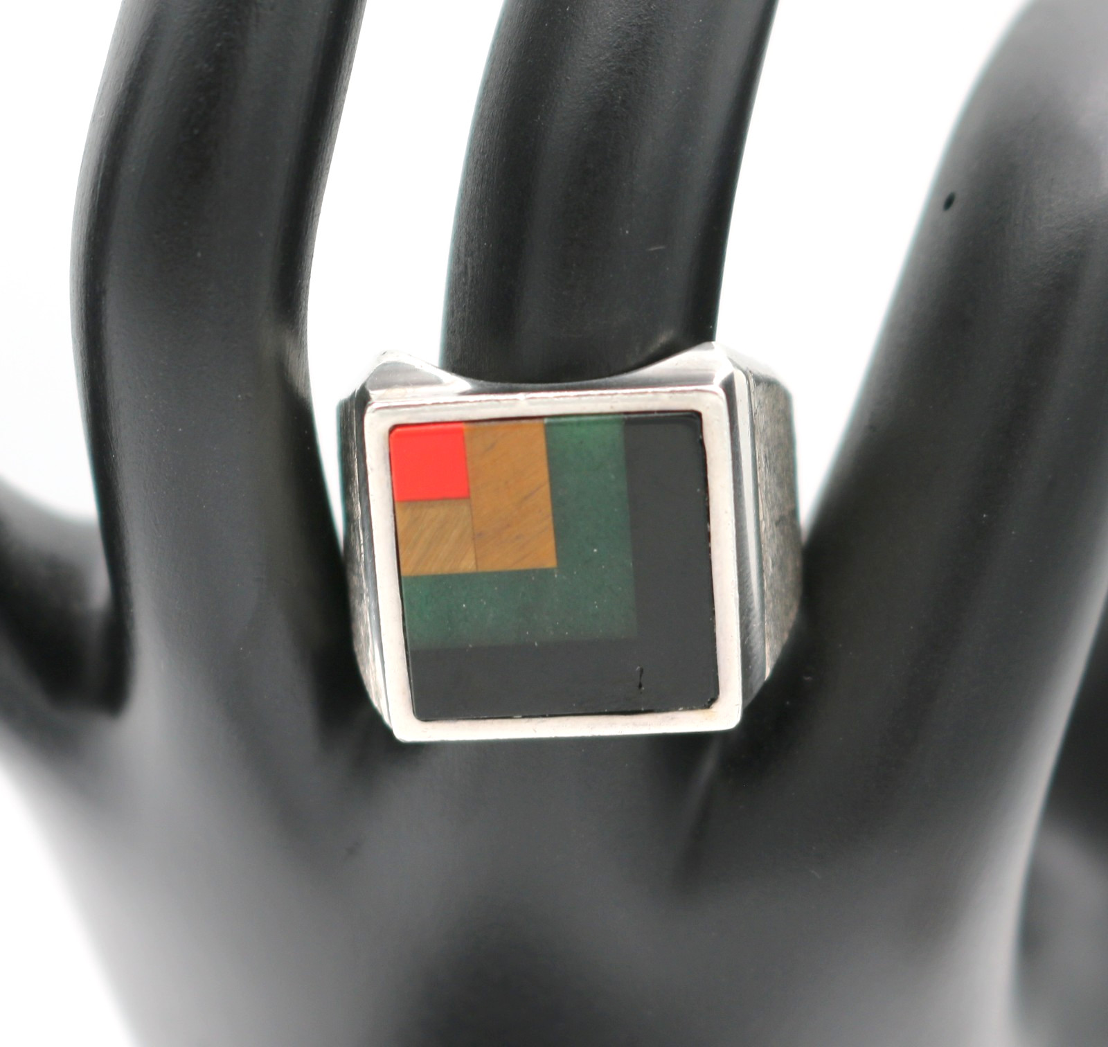 Vintage Taxco Mexico Sterling Silver & Gemstone Stone Inlay Ring 19.63g Sz10