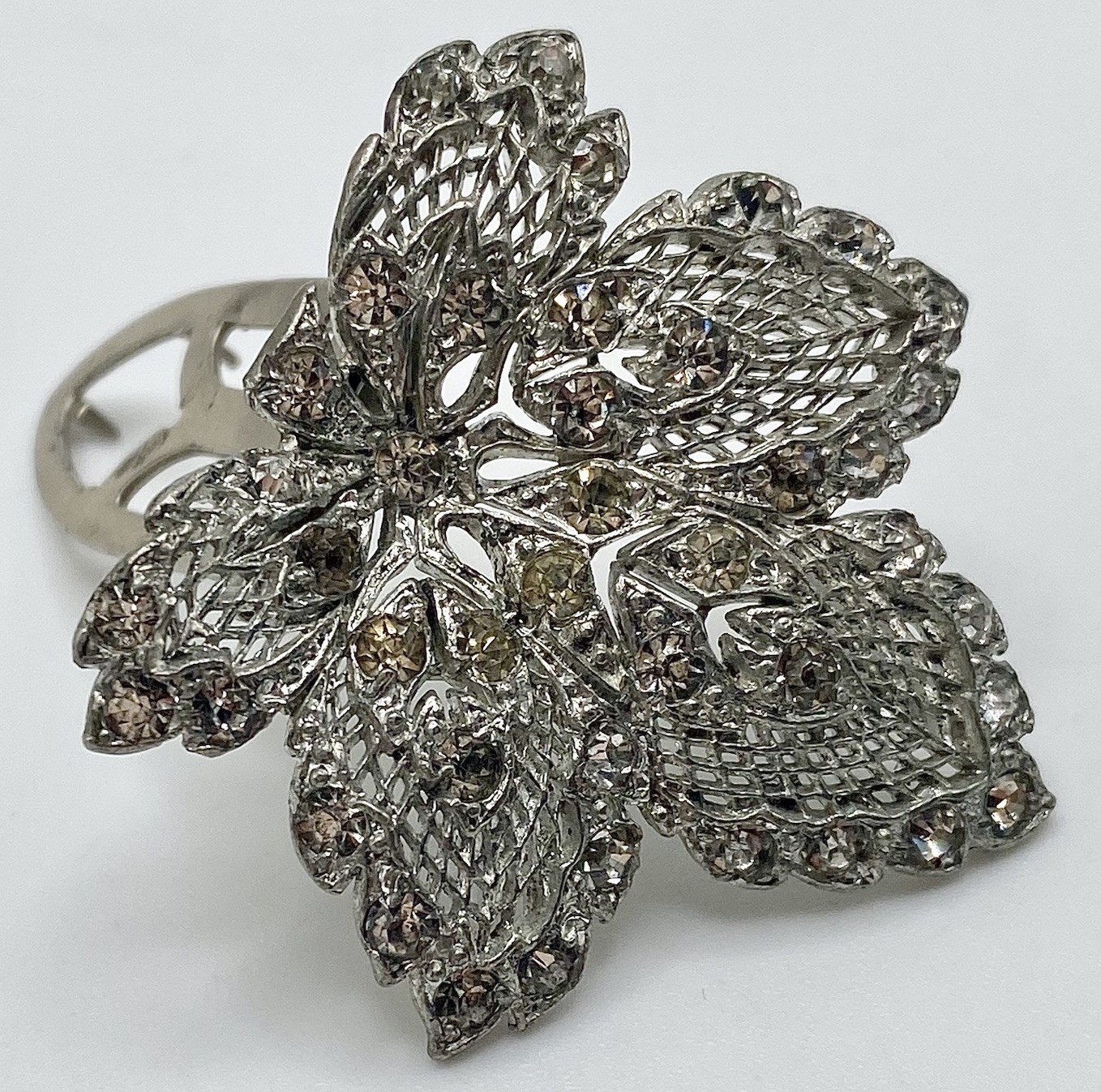 Vintage Rhinestone Dress Clip Leaf Fur Clip Silver Tone Filigree Bridal Brooch