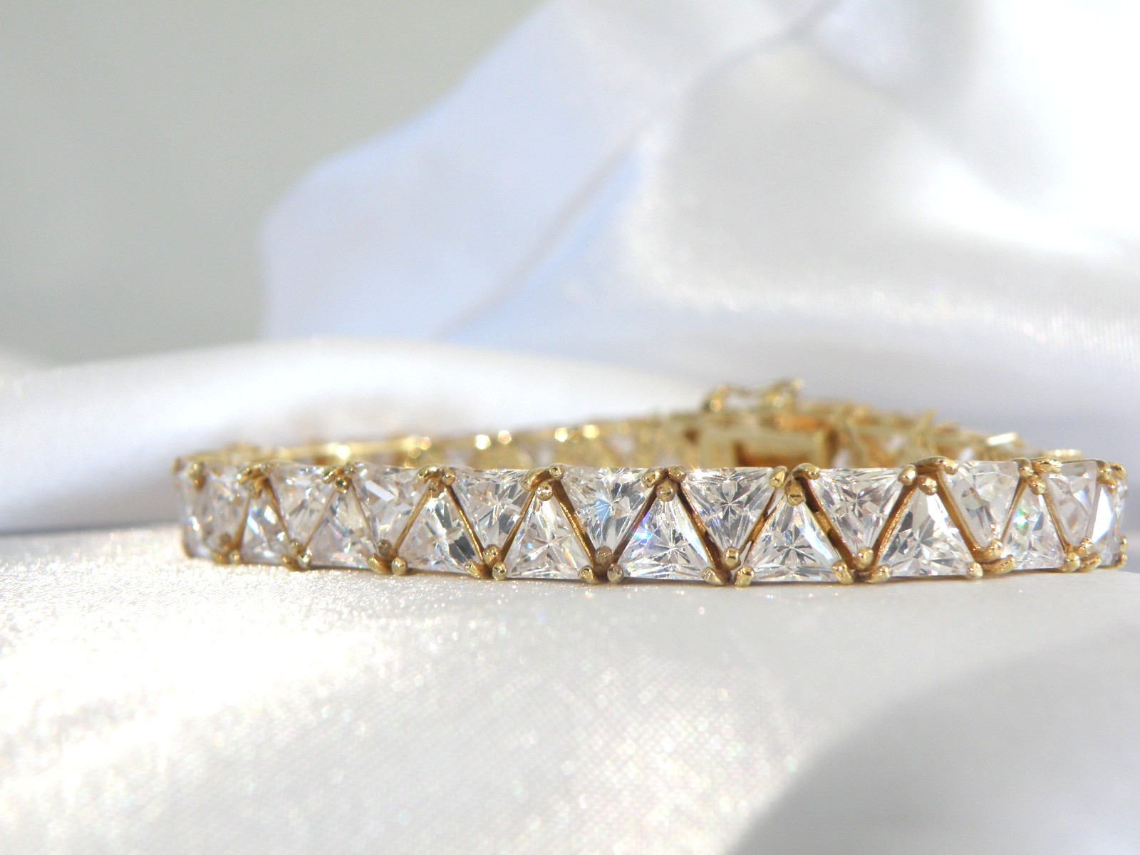 Vintage Sterling Silver 925 Gold Over Trillion Cut CZ Tennis Bracelet 7″
