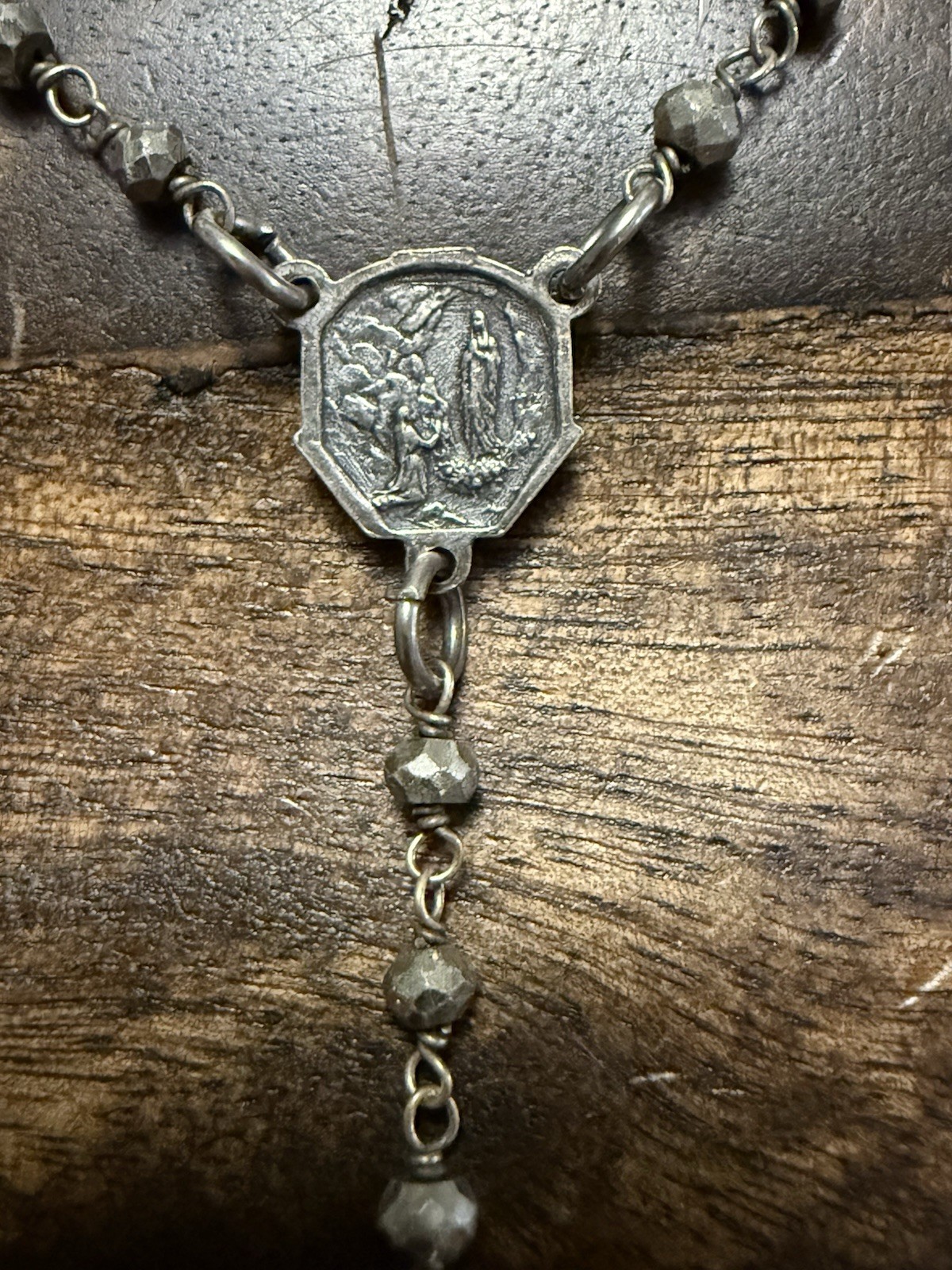 Vintage Silver Rosary Necklace with Long Flat Links and Metal Beads, Reversible