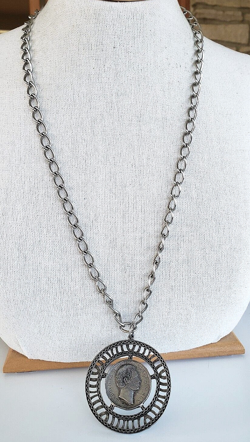 Vintage Medallion Coin Silver Tone Clasp Less Necklace 28″
