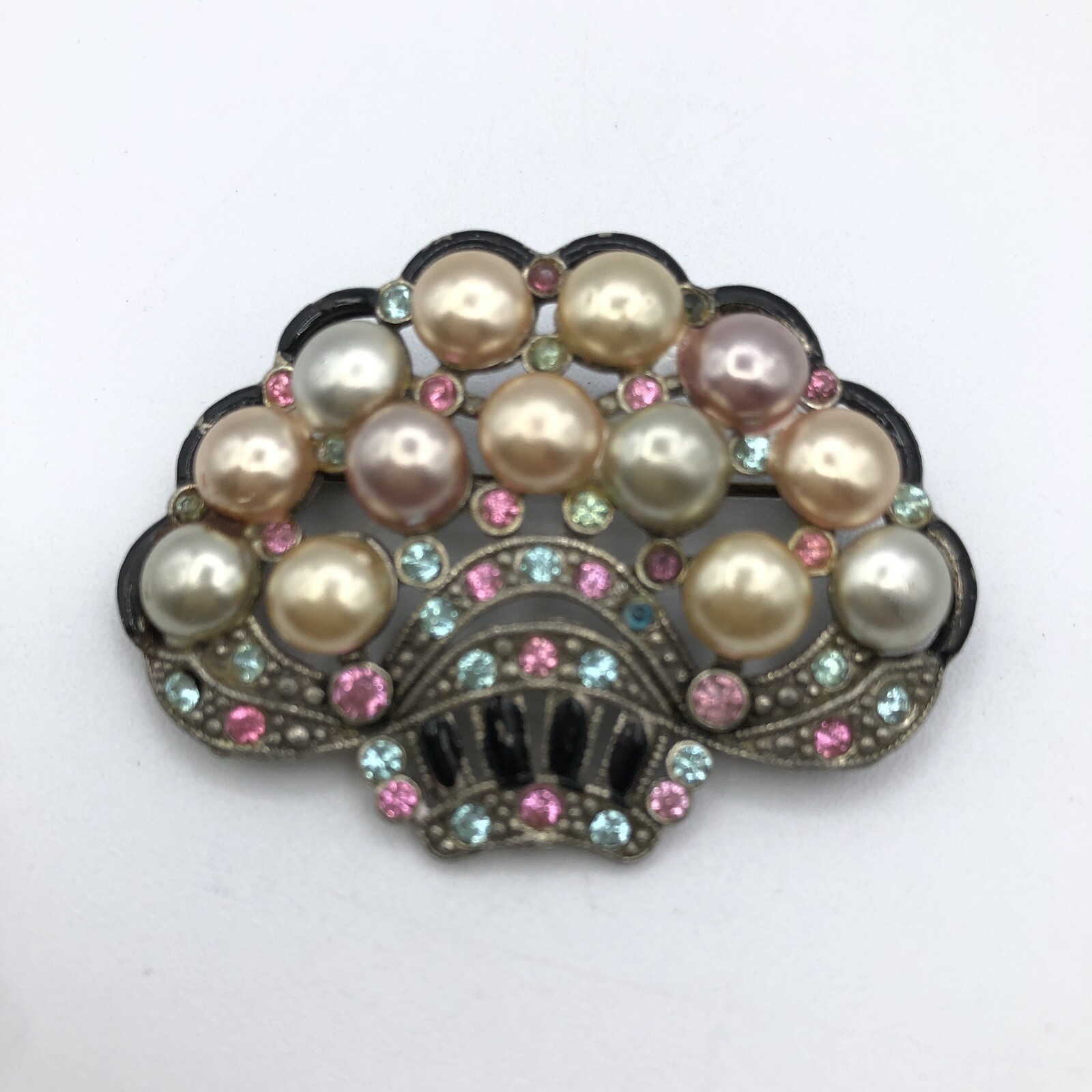 Vintage New England Glass Works Brooch Pastel Pearl Rhinestone Basket Brooch