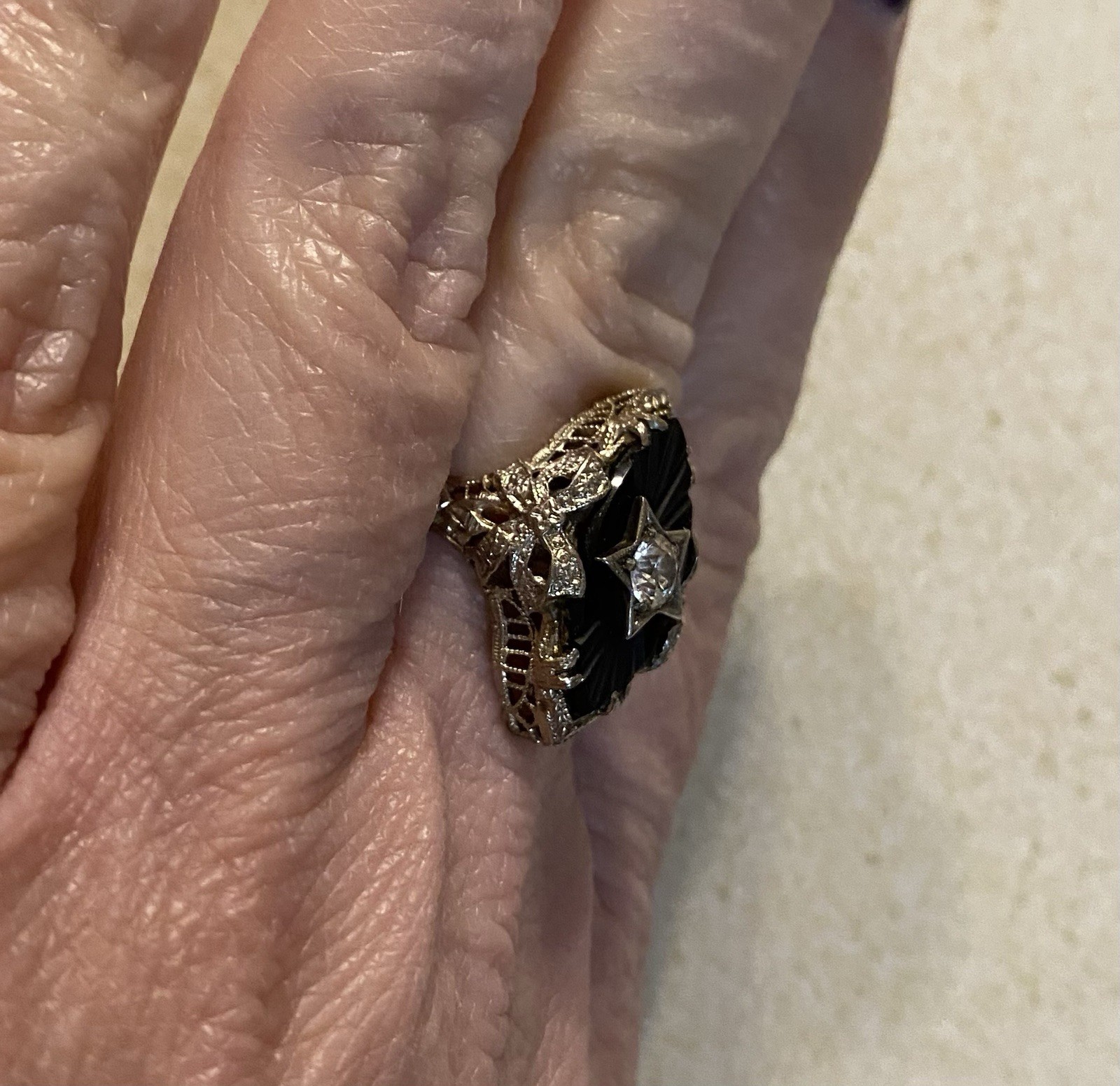 Vintage 14 kt White Gold Onyx Diamond Ring STUNNING!