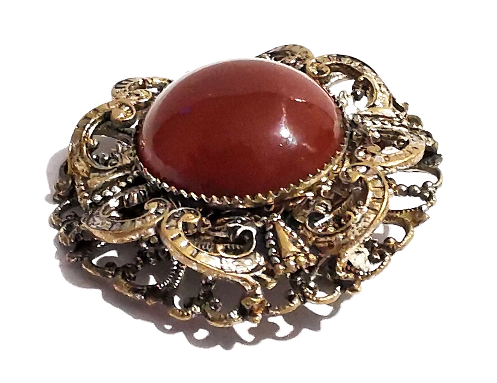 Vintage Czech Brown Glass Brooch Pin Silvered Brass Ornaments Dragon Handmade