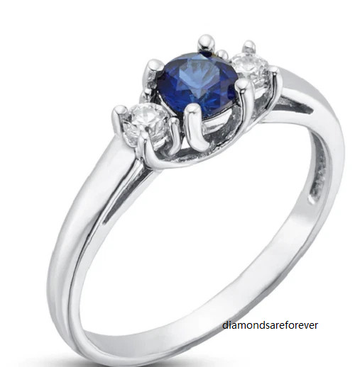 Fine Three Stone 0.26CT Blue & White Moissanites 10K White Gold FN Wedding Ring