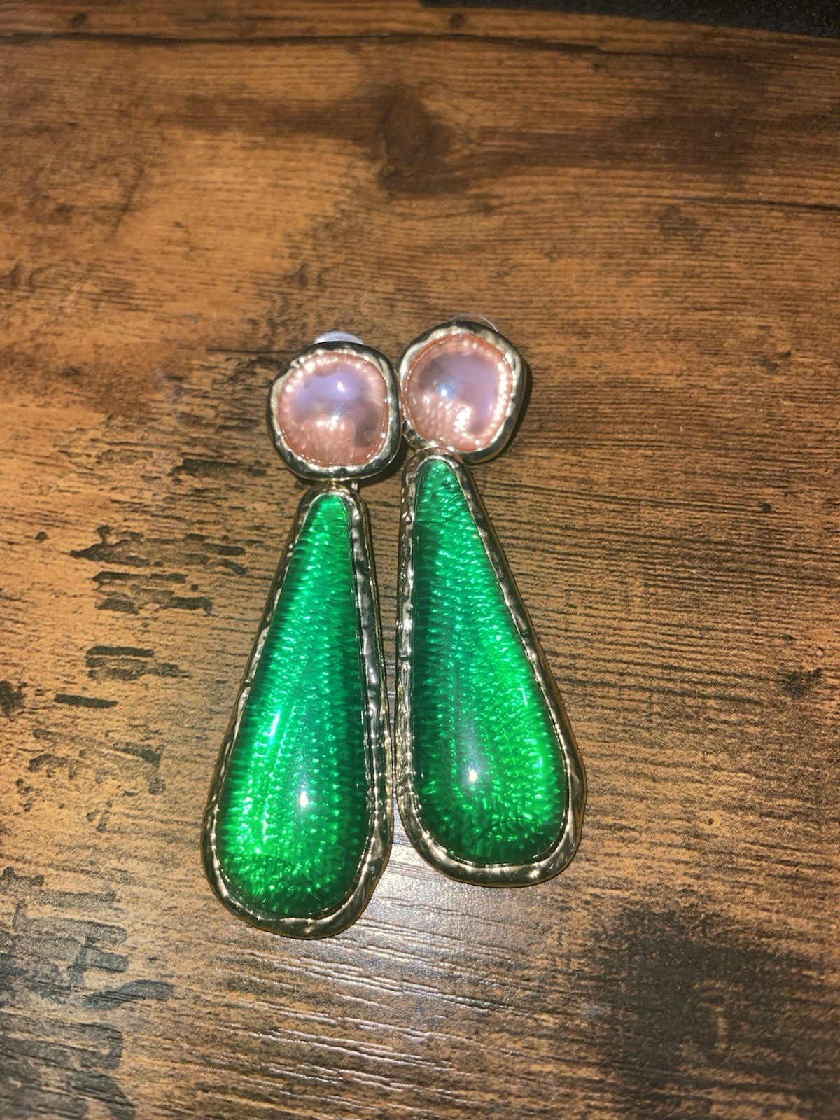 Gripoix Style Jelly Resin Earrings Pierced Dangle Gold Green Pink Brutalist