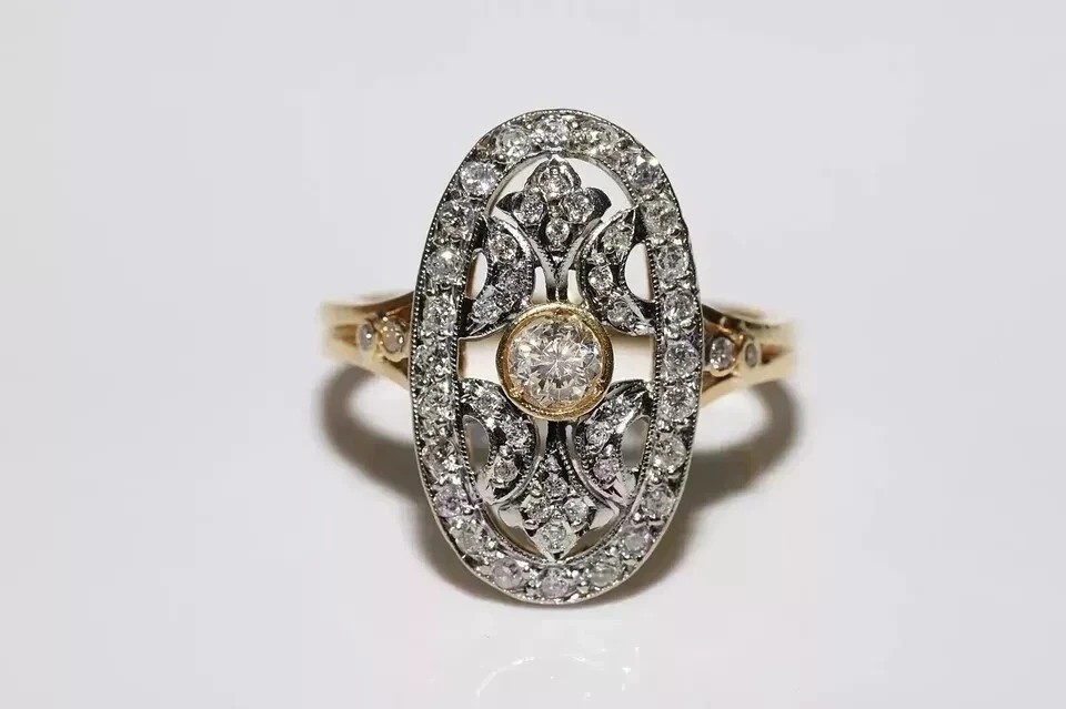 Vintage Art Deco Lab Created Diamond Ring Oval Filigree 14K Two-Tone Gold Finish