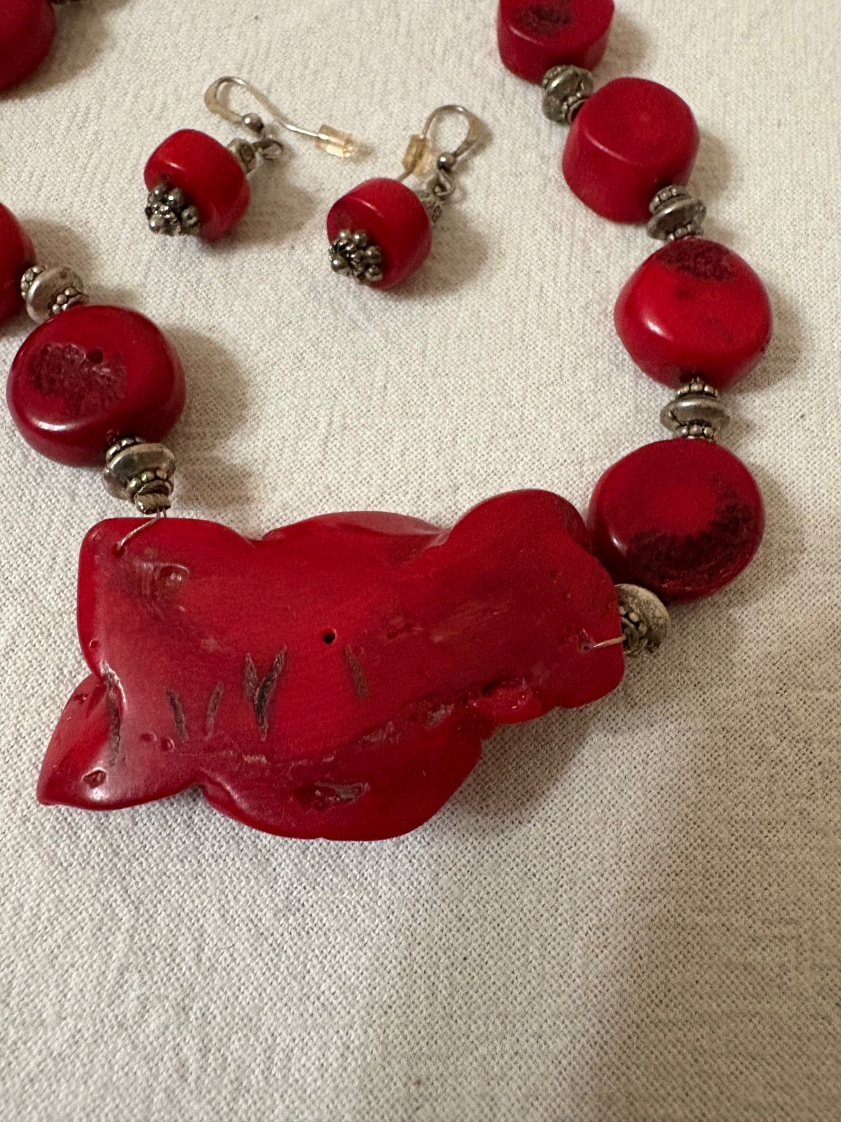 Vintage Natural Red Coral Hand-Carved Rose Necklace/Earrings Set w/Bead Chain