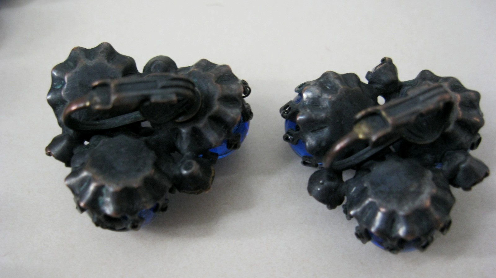 Josef Morton Blue, Black Art Glass Beads 2 Strands Necklace & Clip Earrings Set
