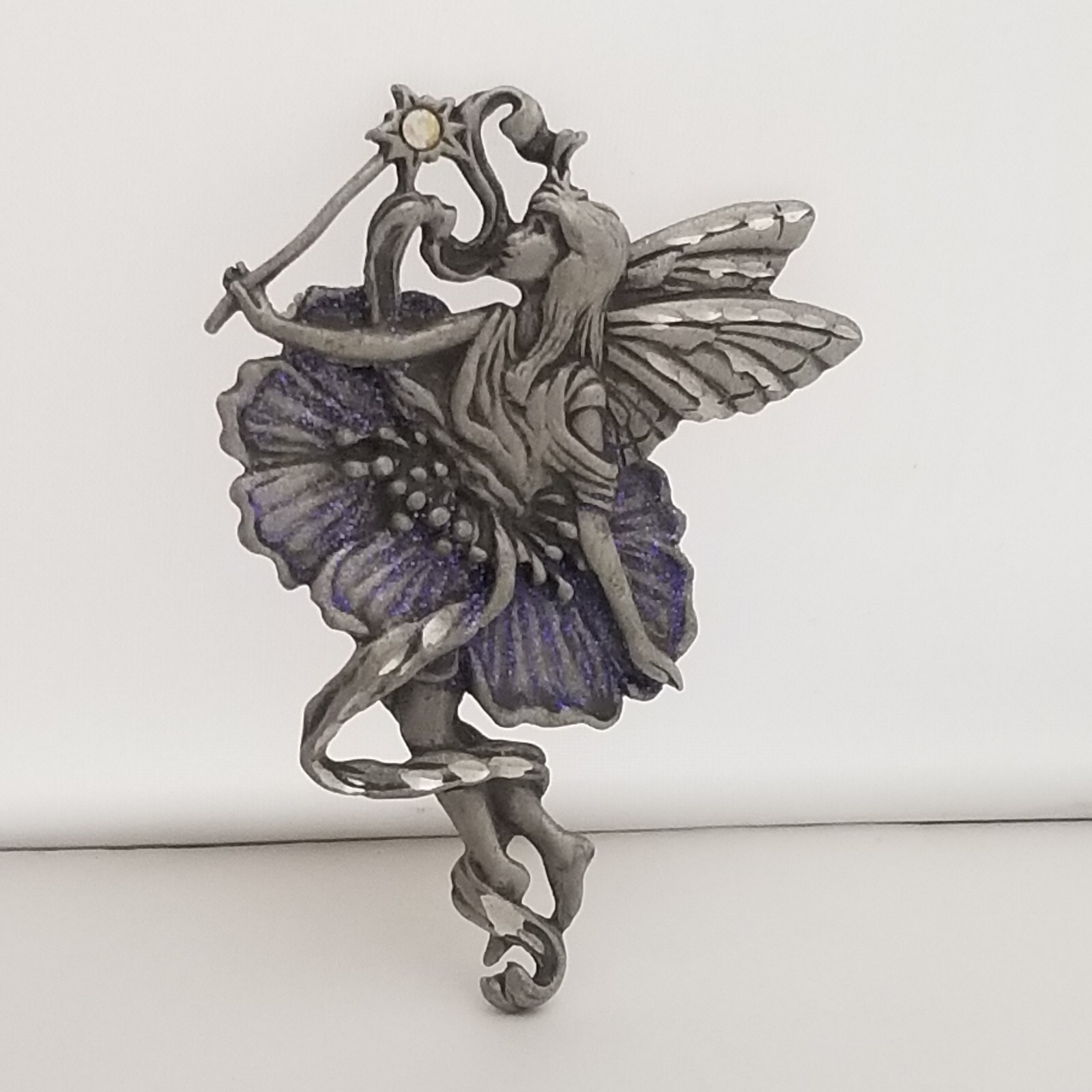 JJ Jonette Jewelry Pewter Fairy Purple Glitter Brooch Pin Fairytale Fantasy