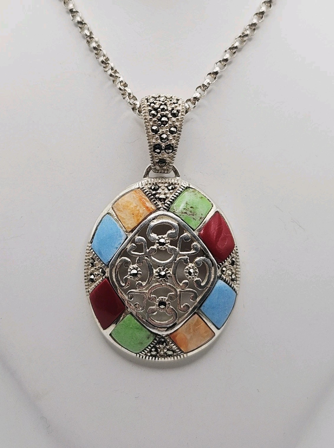 Sterling Silver Turquoise, Red Coral, Jasper & Marcasite Pendant Necklace 24″