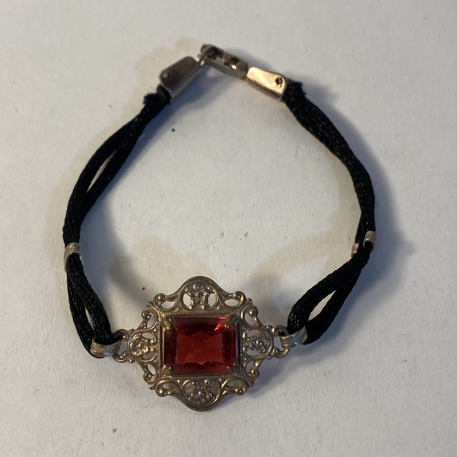 Vintage Bracelet Black Cord W/Gold Tone & Red Stone Small