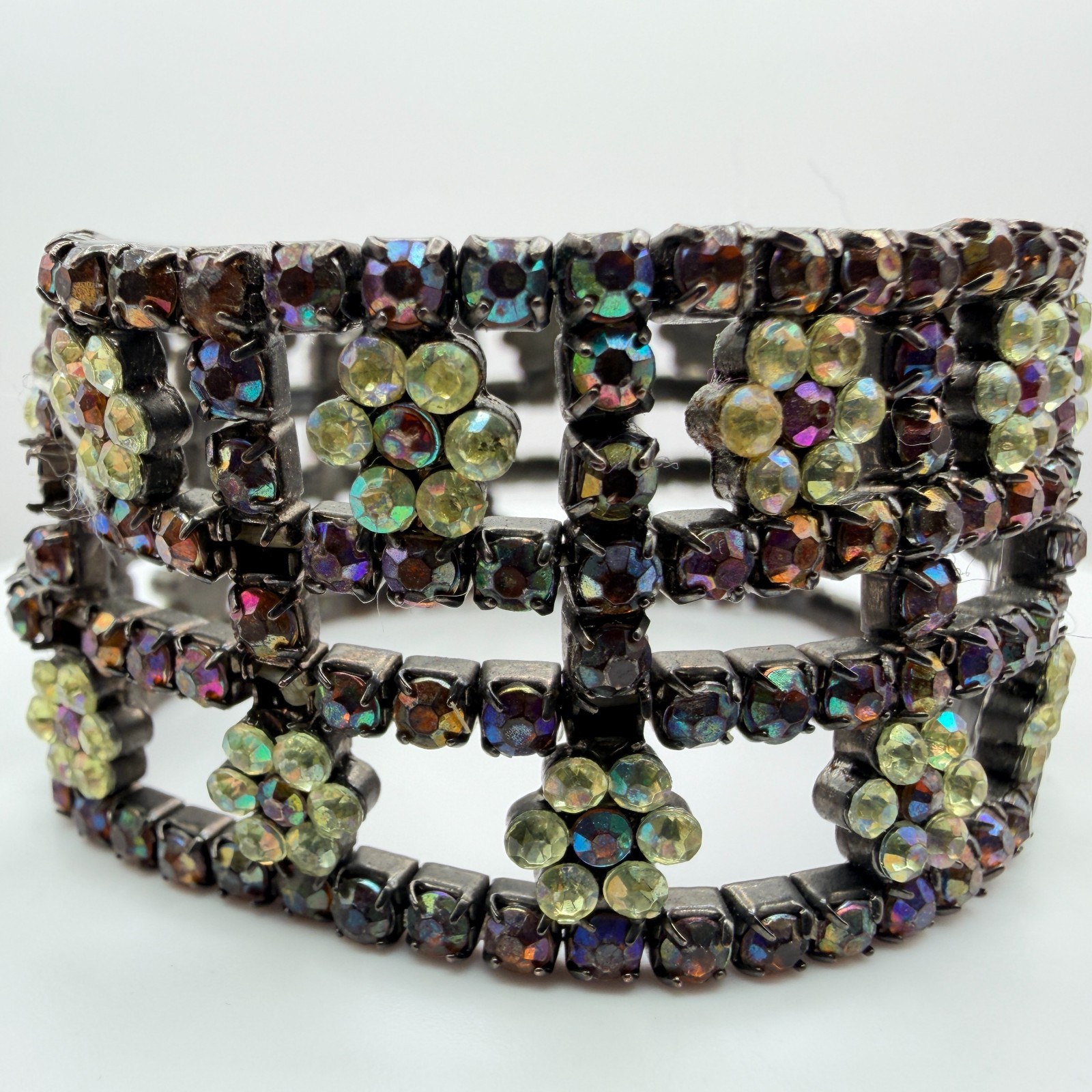 Vintage Gunmetal Rhinestone Cuff Bracelet Floral Grid Statement AB Y2K 90s Goth