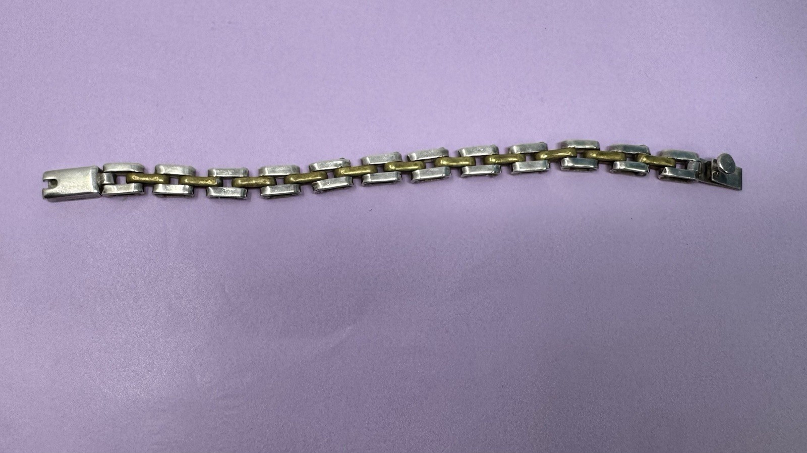 7” Vintage Sterling Silver Brass Taxco Mexico Chain Bracelet Link Tight Clasp 27