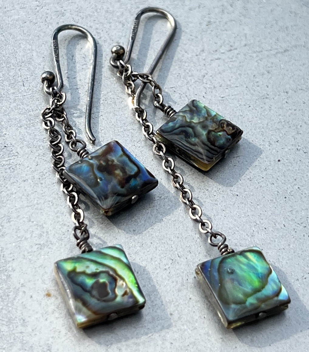 Iridescent Abalone Drop / Dangle Earrings On 925 Sterling Silver, Sx 925 THAI