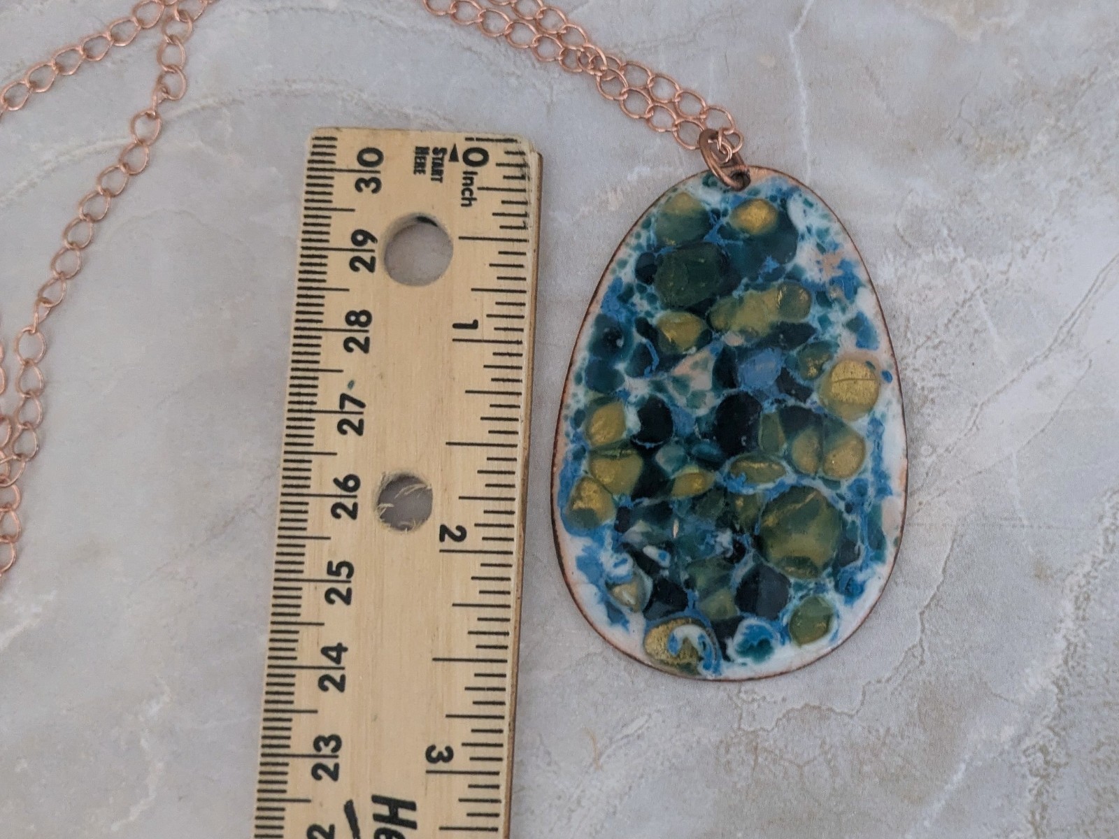 Vintage Enamel on Copper Turquoise Pendant Necklace, Mid Century Modern, 2.5″