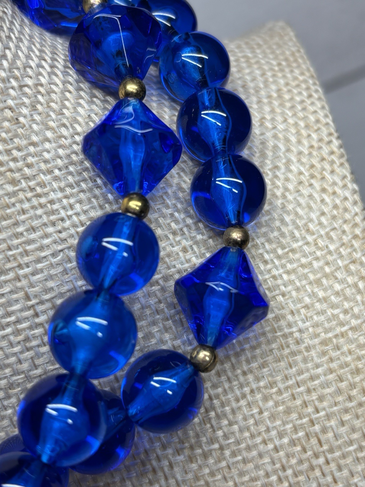 Vintage Blue Lucite Bicone Round Bead Necklace 23” Brass Spacers MCM