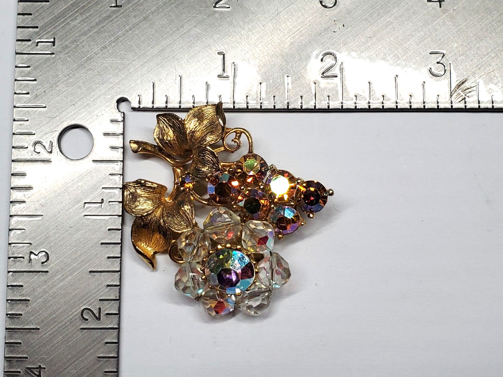 Vintage High End Aurora Borealis Rhinestone Bead Brooch Grape Cluster Leaves