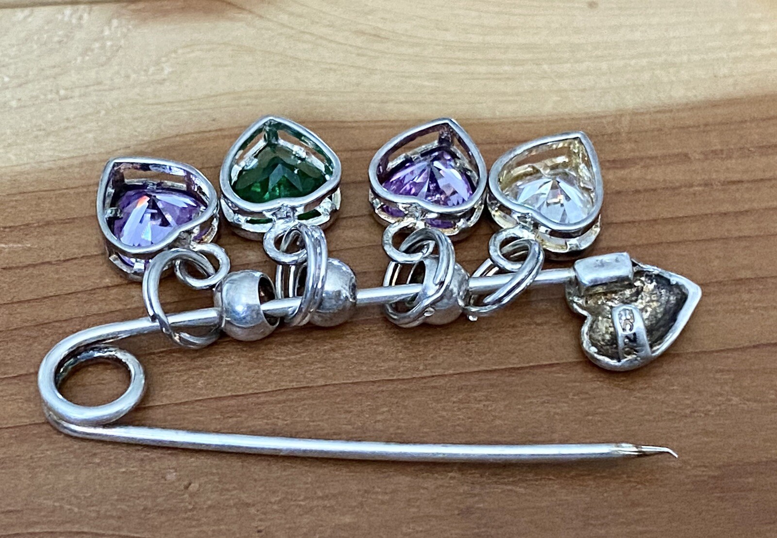 Vintage 925 Sterling Silver Purple, Green & White CZ Heart Shaped Pin / Brooch