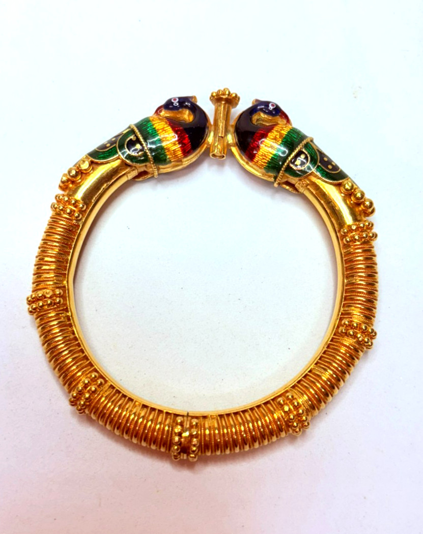 Antique 22k Yellow Gold Red Green Enamel Peacock Bangle Bracelet