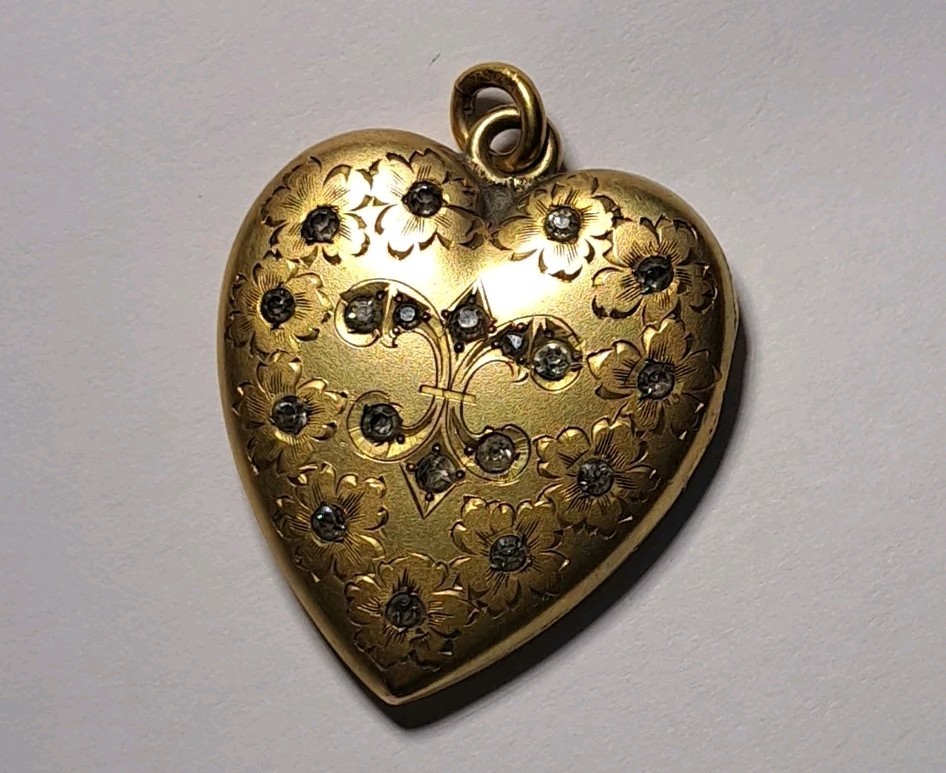 Antique Victorian S&B Co. Etched Gold Filled Starburst Fleur De Lis Heart Locket