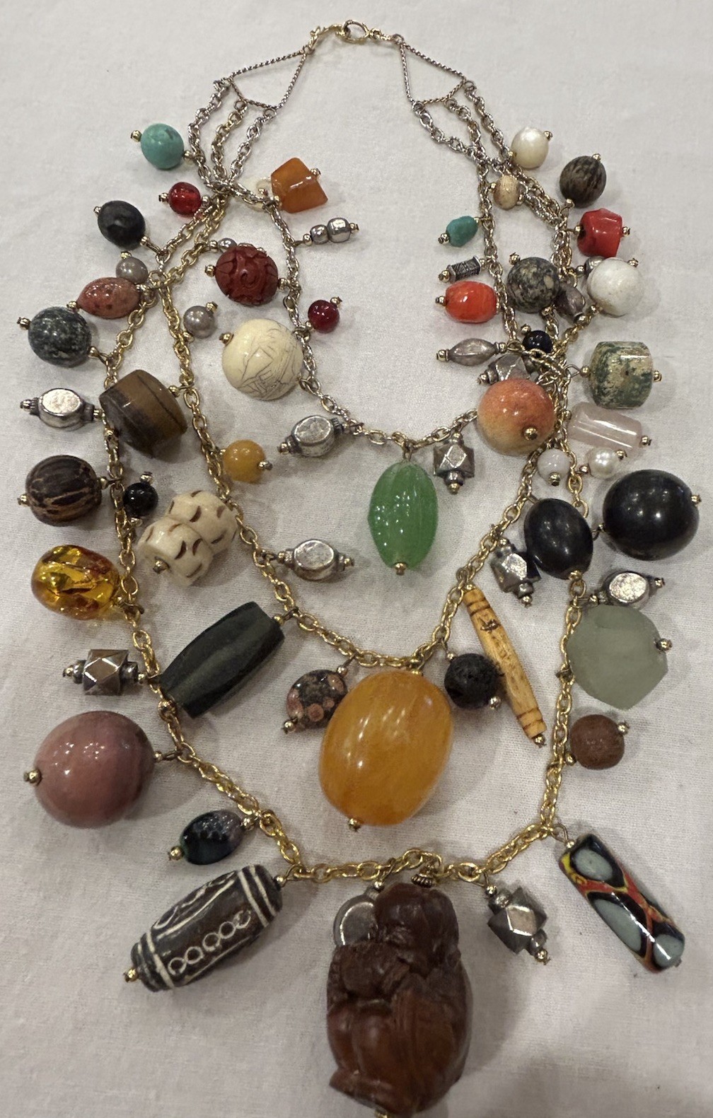 Vtg Asian-Themed Mixed Material 3-Strand Charm Necklace w/Carved Wood Buddha 28”