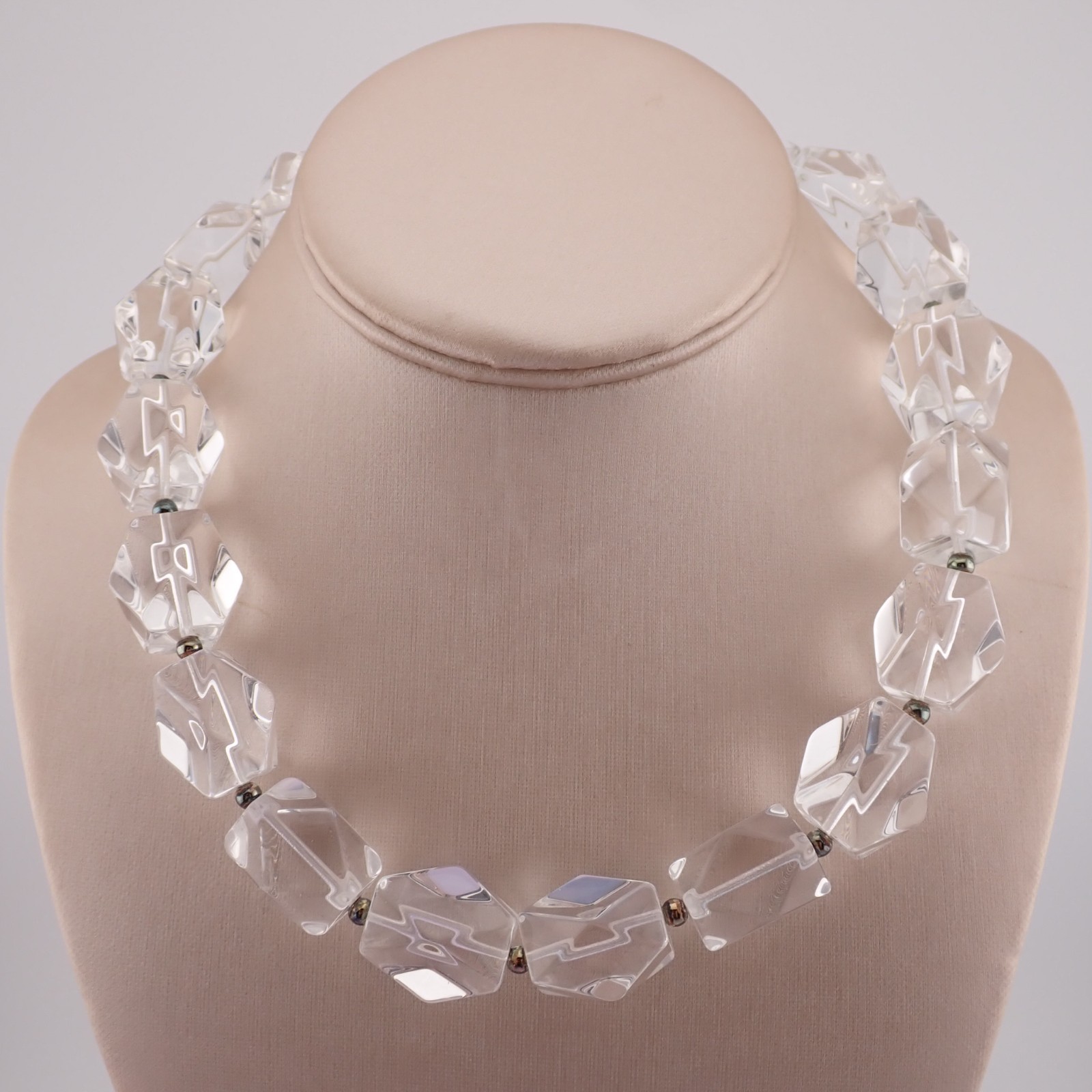 Chunky Ice Glass Faceted Bead Sterling Silver Magnetic Clasp 18″ Necklace by PV