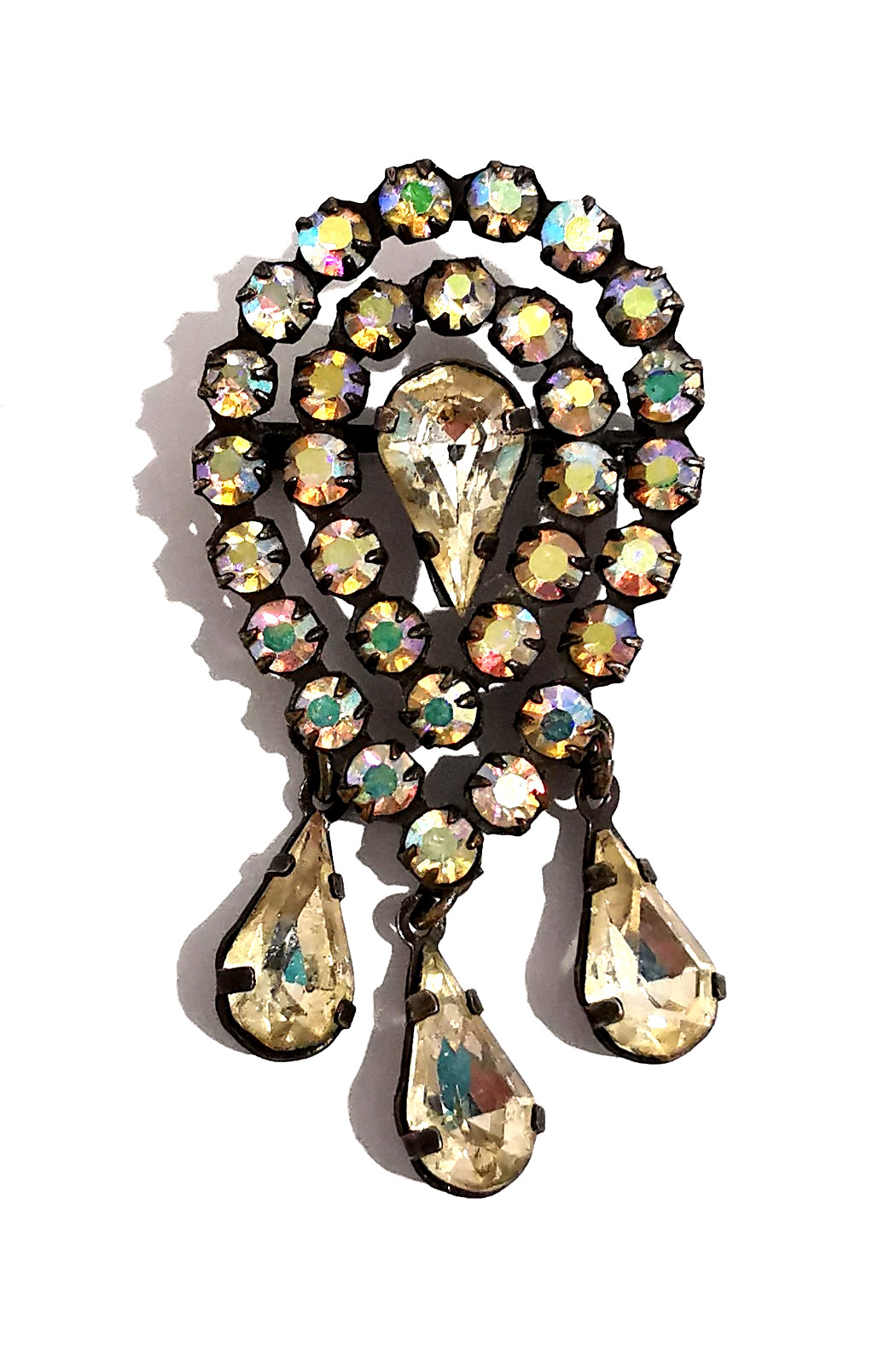Vintage Czech Brooch Aurora Borealis Three Pendants and Centre Clear Glass